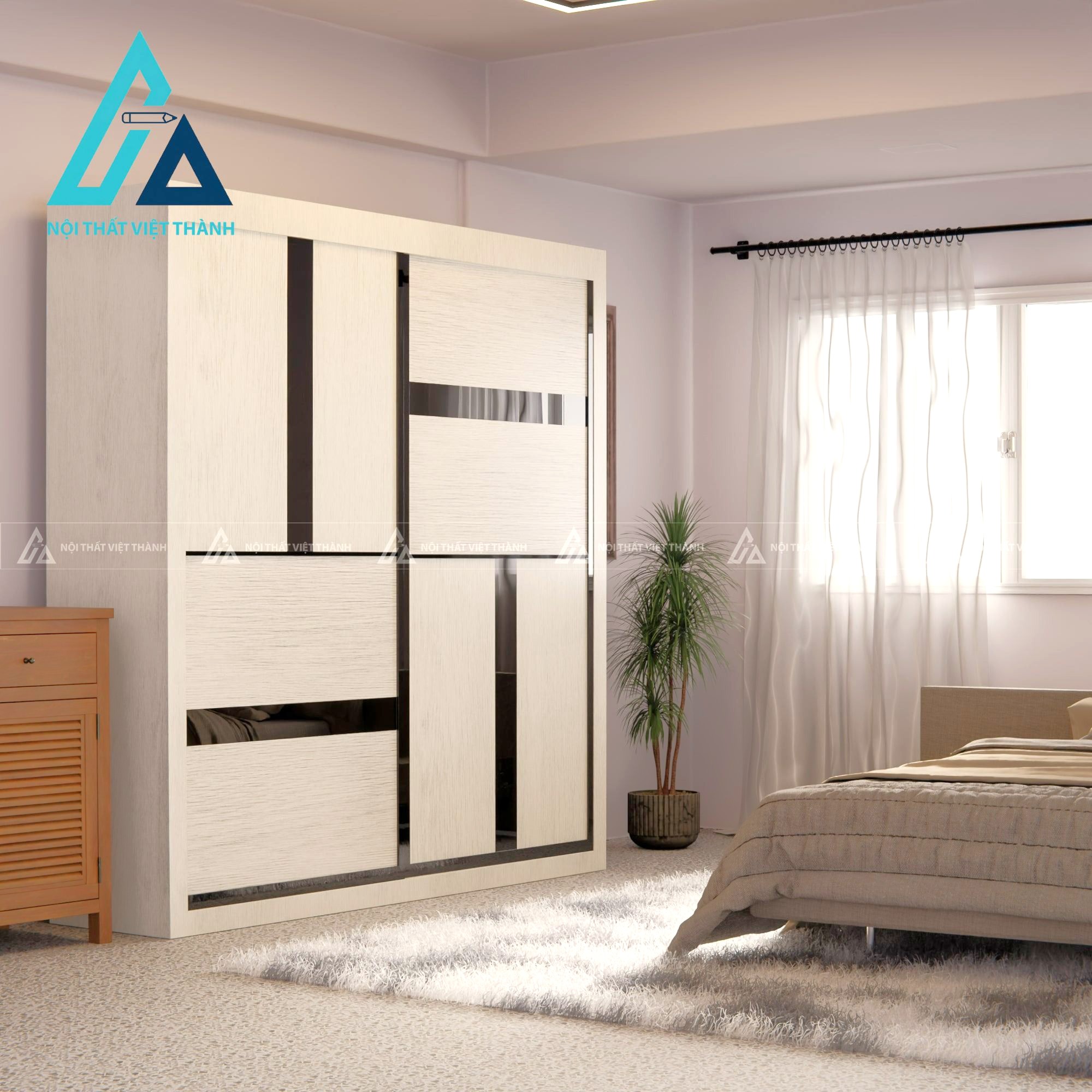 Tủ quần áo cửa lùa gỗ MDF vân gỗ hiện đại tối ưu không gian phòng ngủ