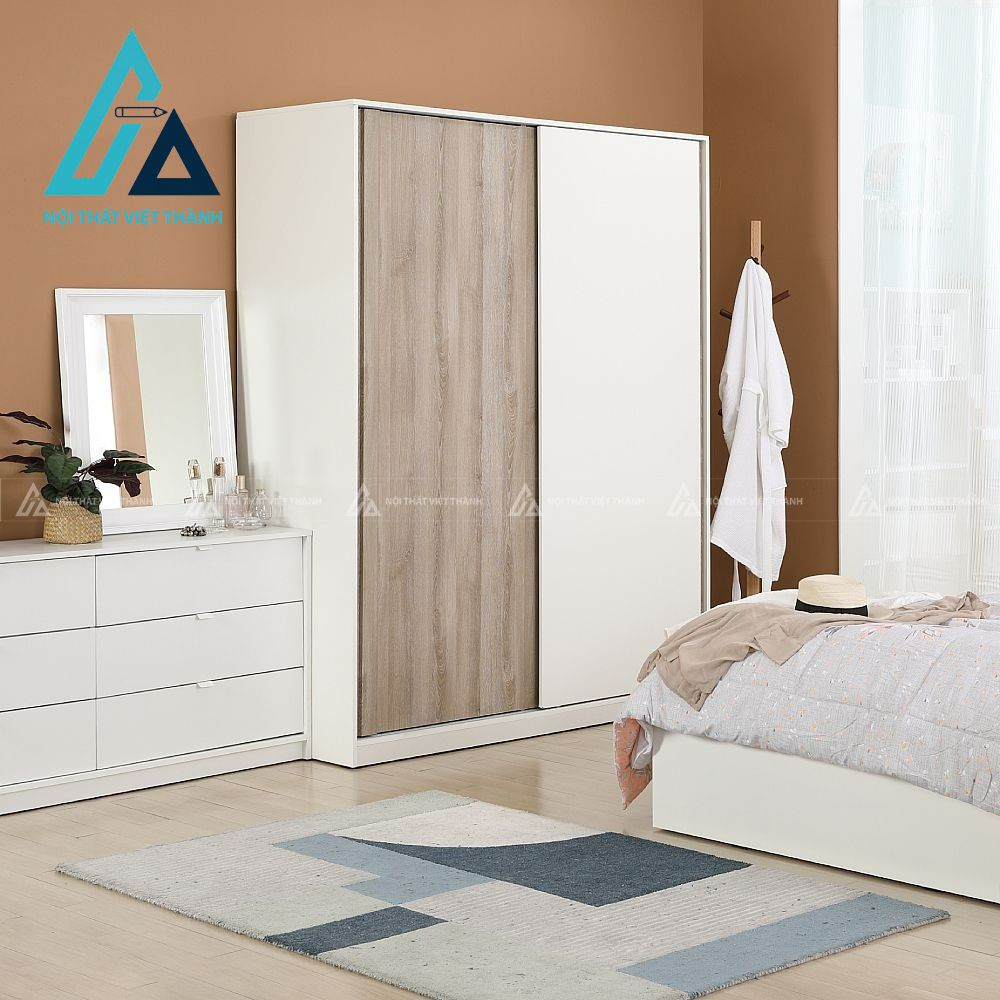 Tủ quần áo cửa lùa gỗ MDF vân gỗ phối trắng hiện đại tinh tế