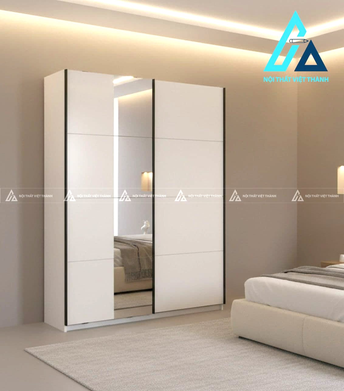 Tủ quần áo cửa lùa gương gỗ MDF màu trắng 2 cánh hiện đại