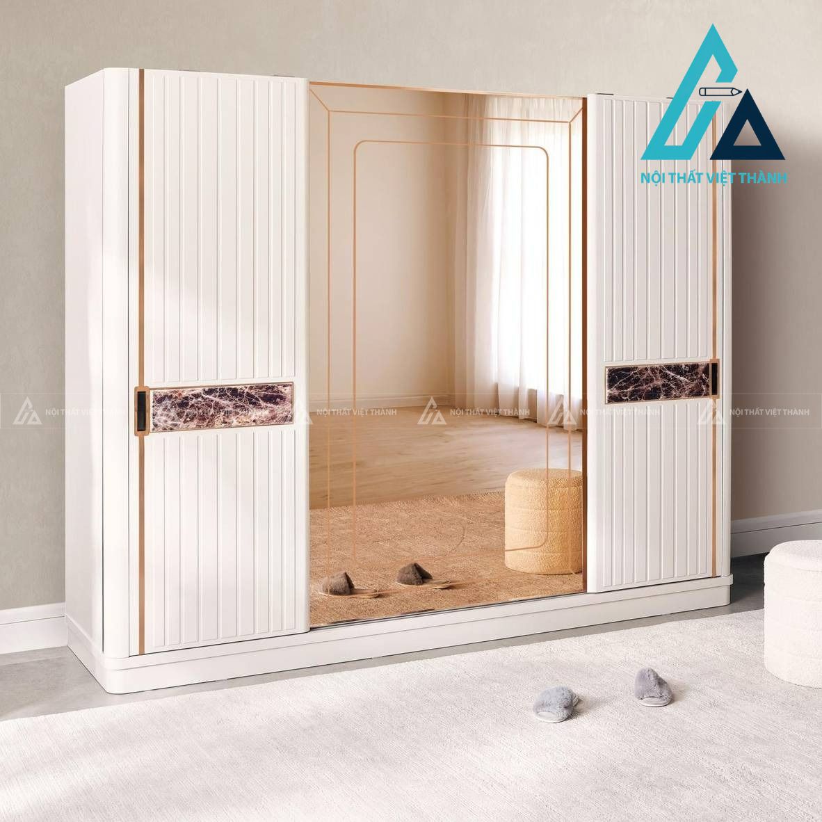 Tủ quần áo cửa lùa gương MDF màu kem hiện đại sang trọng