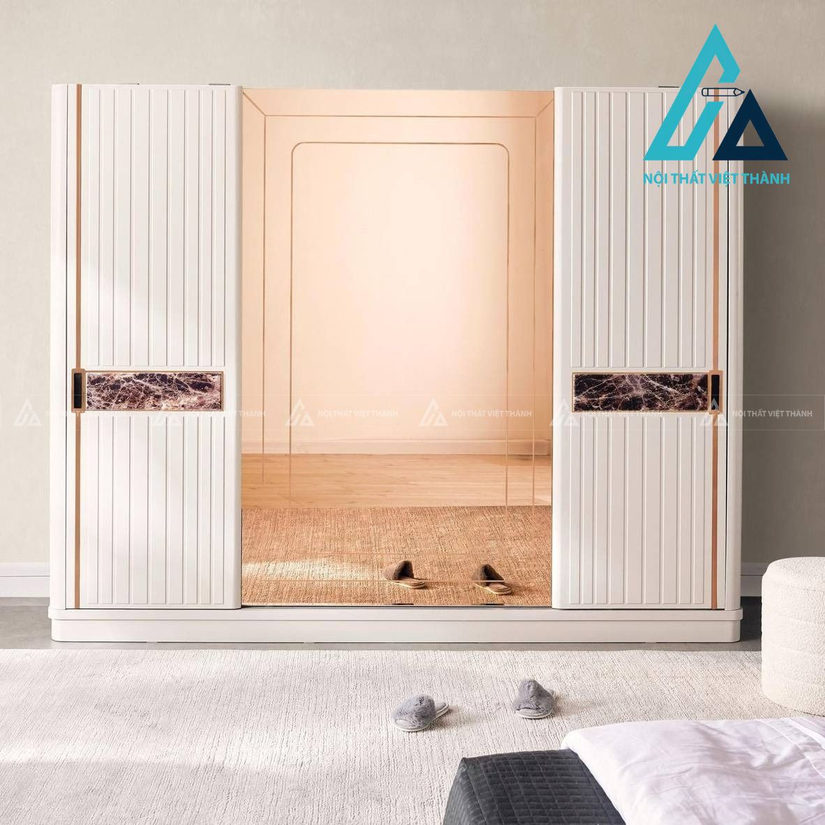 Tủ quần áo cửa lùa gương MDF màu kem hiện đại sang trọng 1