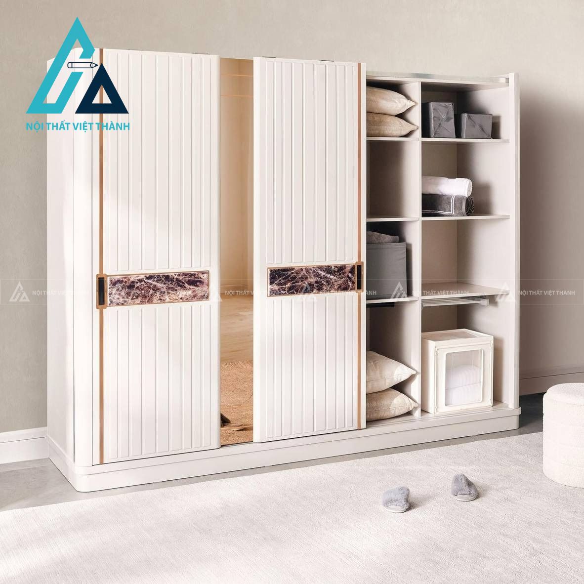 Tủ quần áo cửa lùa gương MDF màu kem hiện đại sang trọng 2