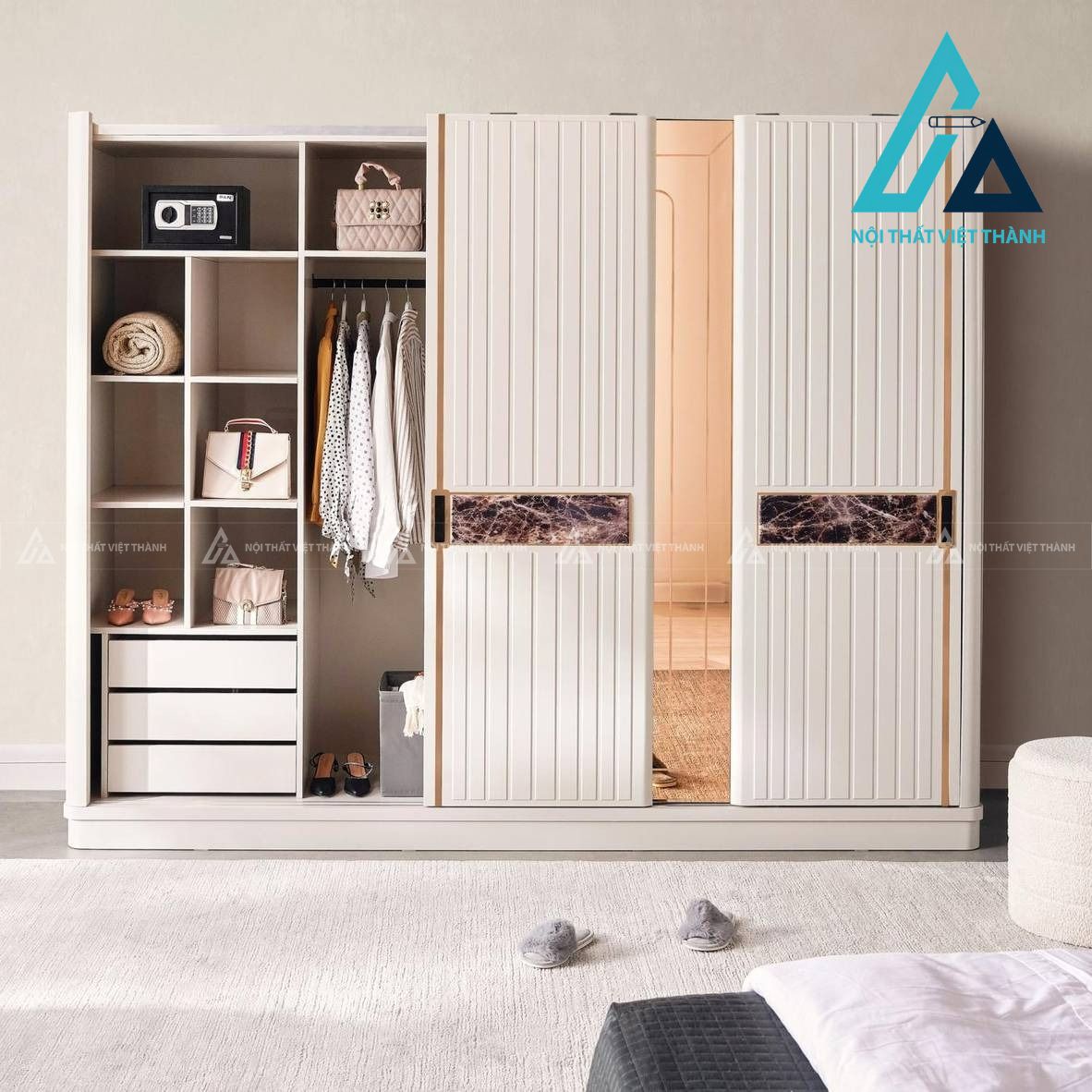 Tủ quần áo cửa lùa gương MDF màu kem hiện đại sang trọng 3