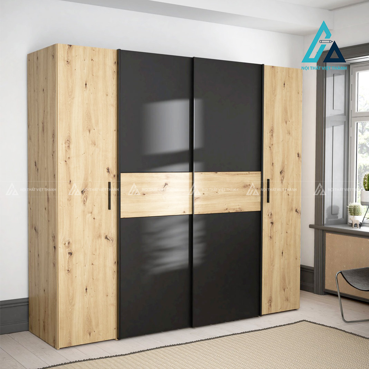 Tủ quần áo cửa lùa kết hợp cánh mở MDF vân gỗ hiện đại tiện nghi