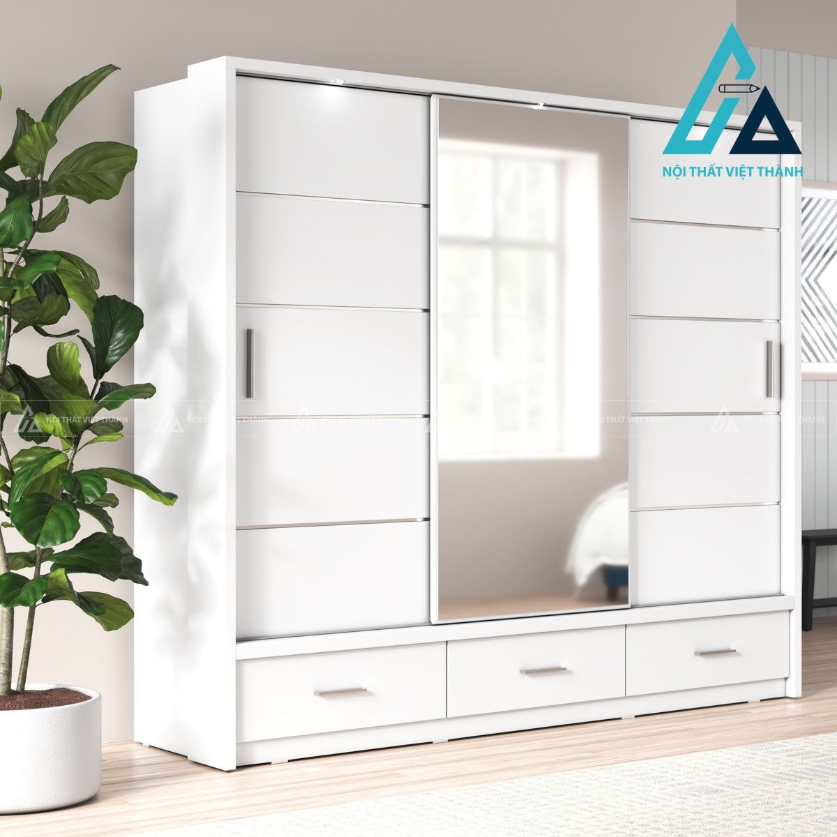 Tủ quần áo cửa lùa màu trắng 3 cánh tích hợp gương MDF cao cấp