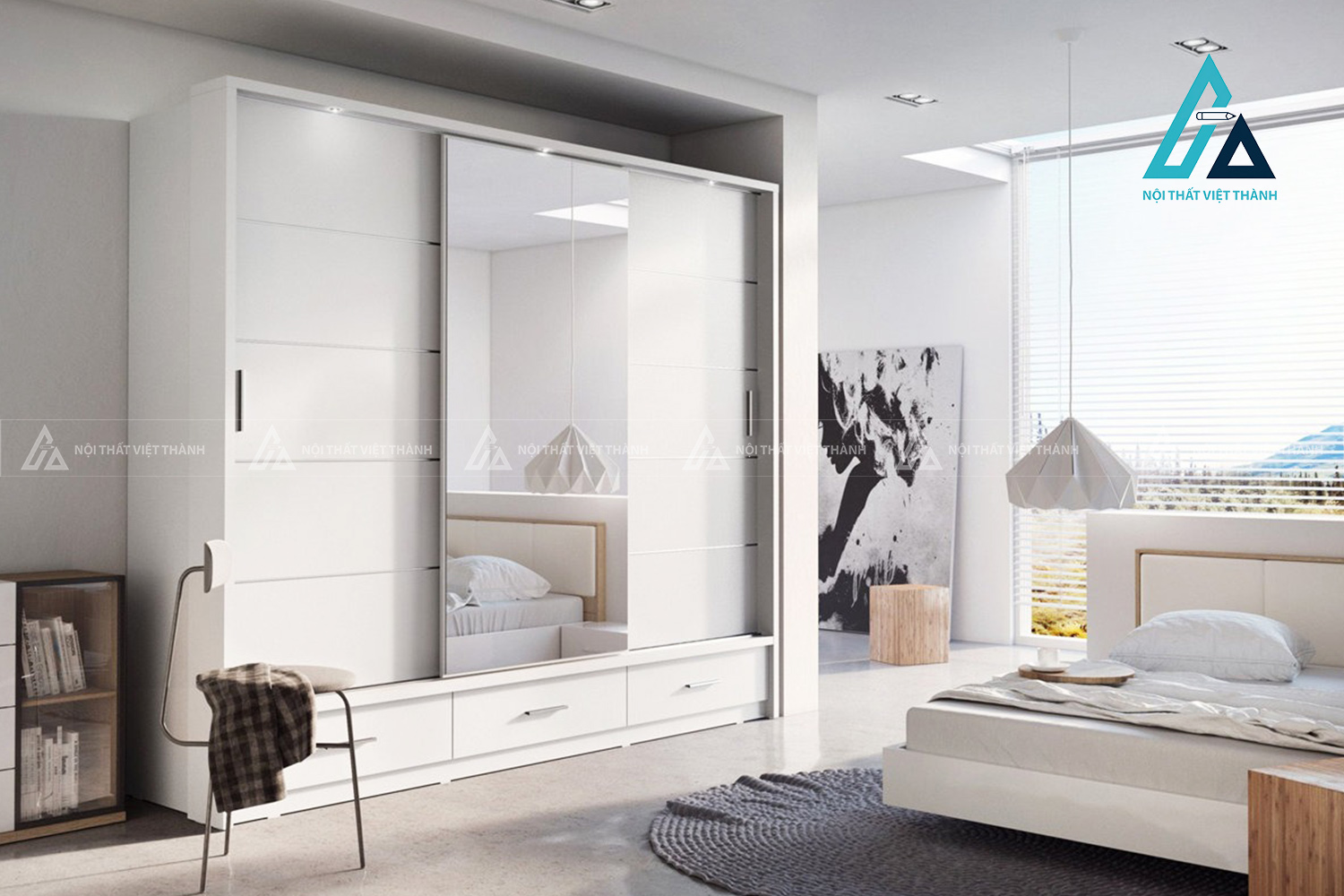 Tủ quần áo cửa lùa màu trắng 3 cánh tích hợp gương MDF cao cấp 2