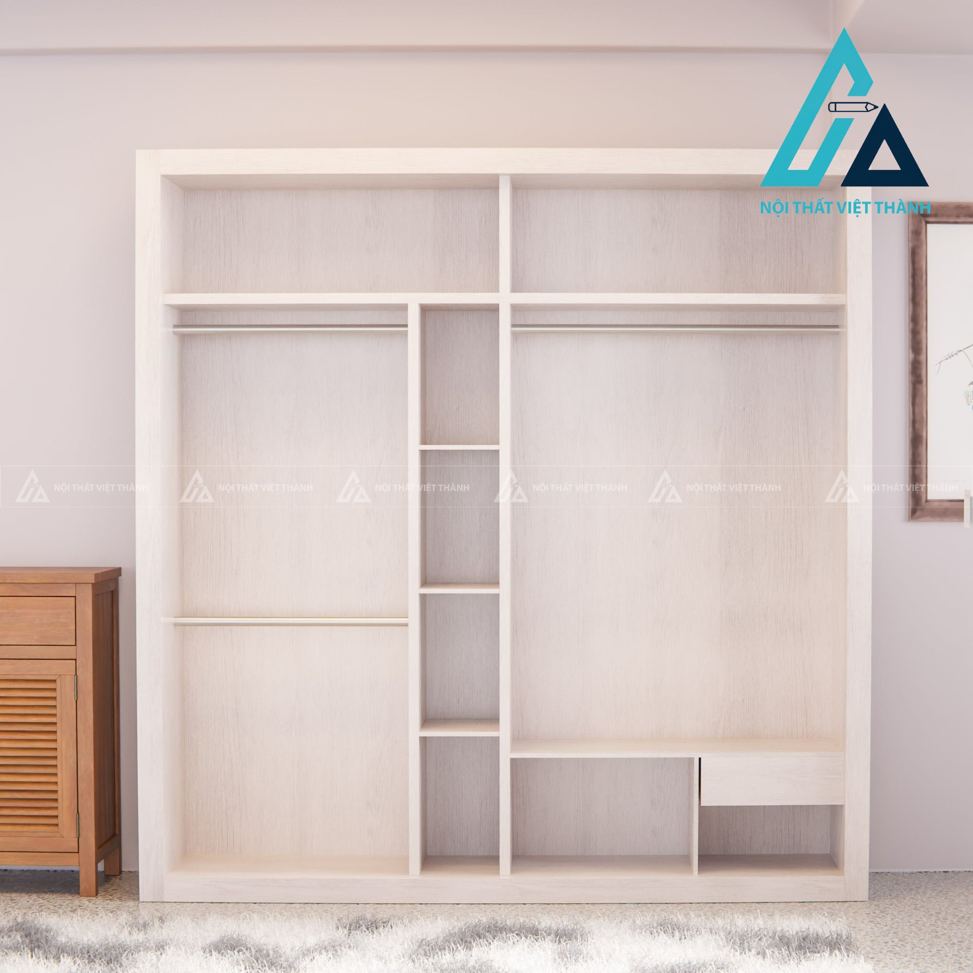 Tủ quần áo cửa lùa gương màu kem MDF hiện đại sang trọng 1