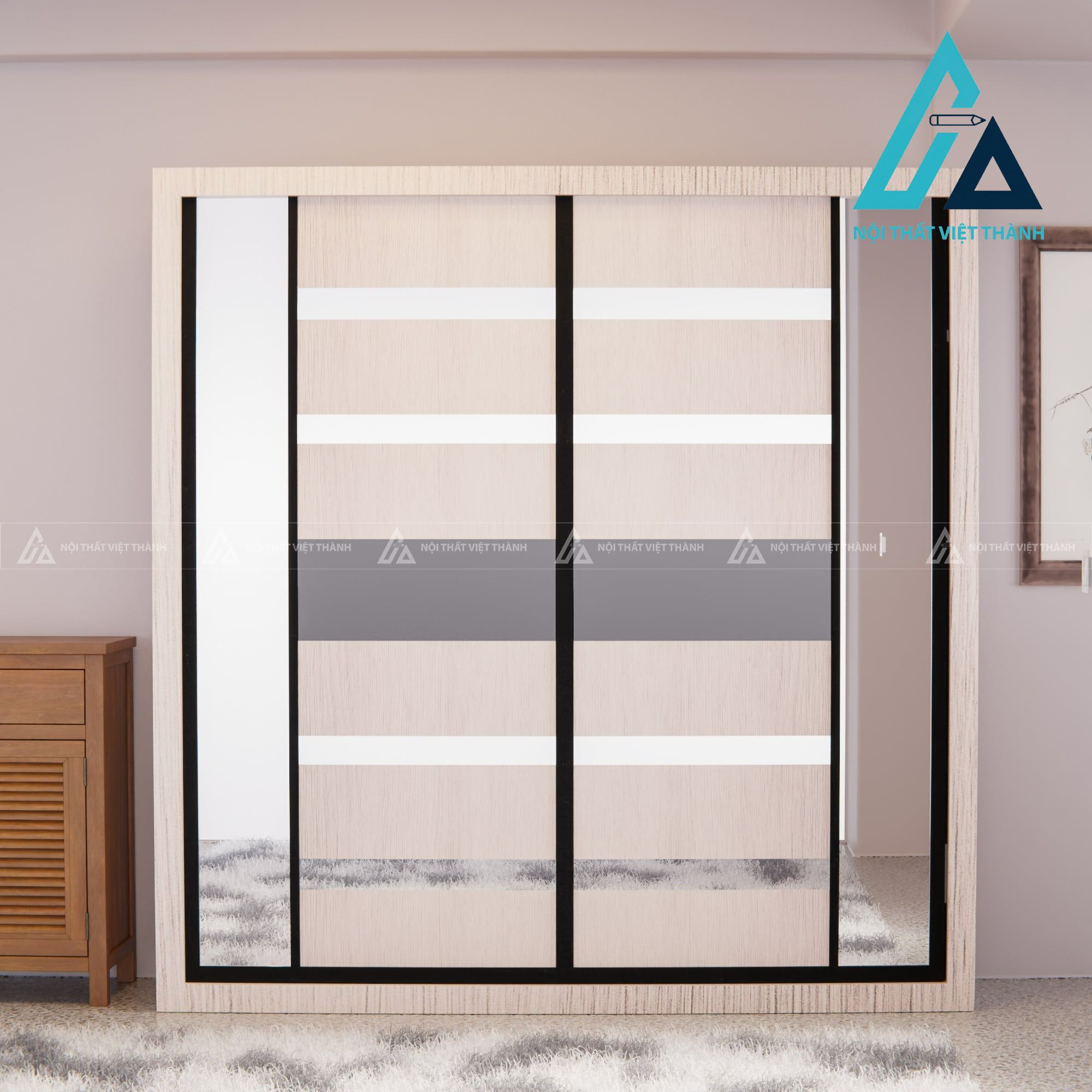 Tủ quần áo cửa lùa gương màu kem MDF hiện đại sang trọng 2