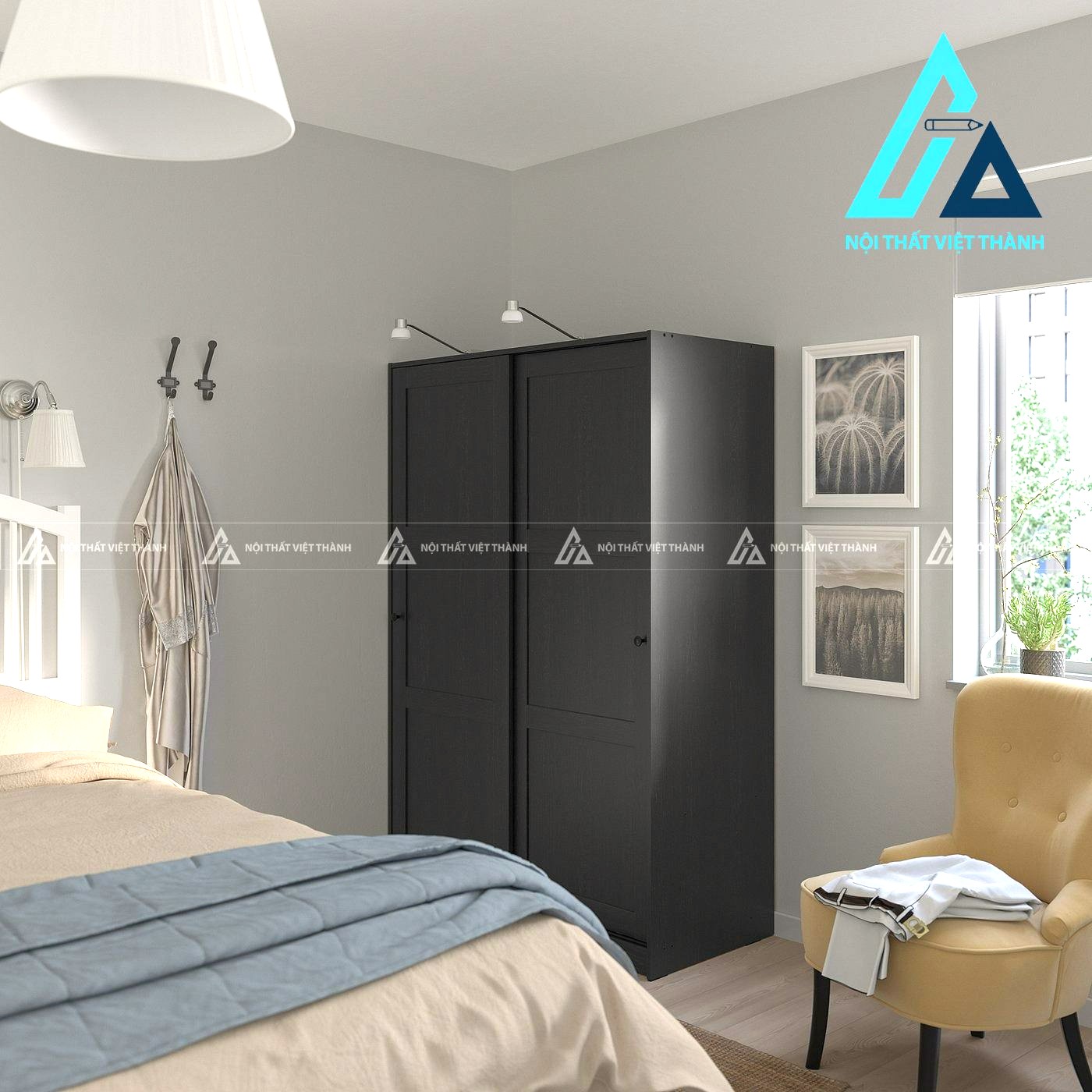 Tủ quần áo cửa lùa MDF màu đen vân gỗ nhỏ gọn hiện đại tiện dụng