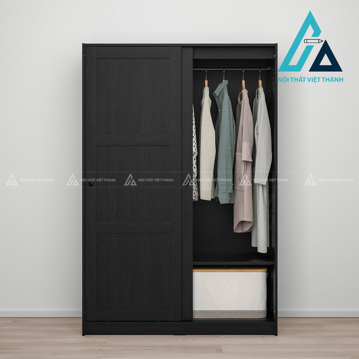 Tủ quần áo cửa lùa MDF màu đen vân gỗ nhỏ gọn hiện đại tiện dụng 1