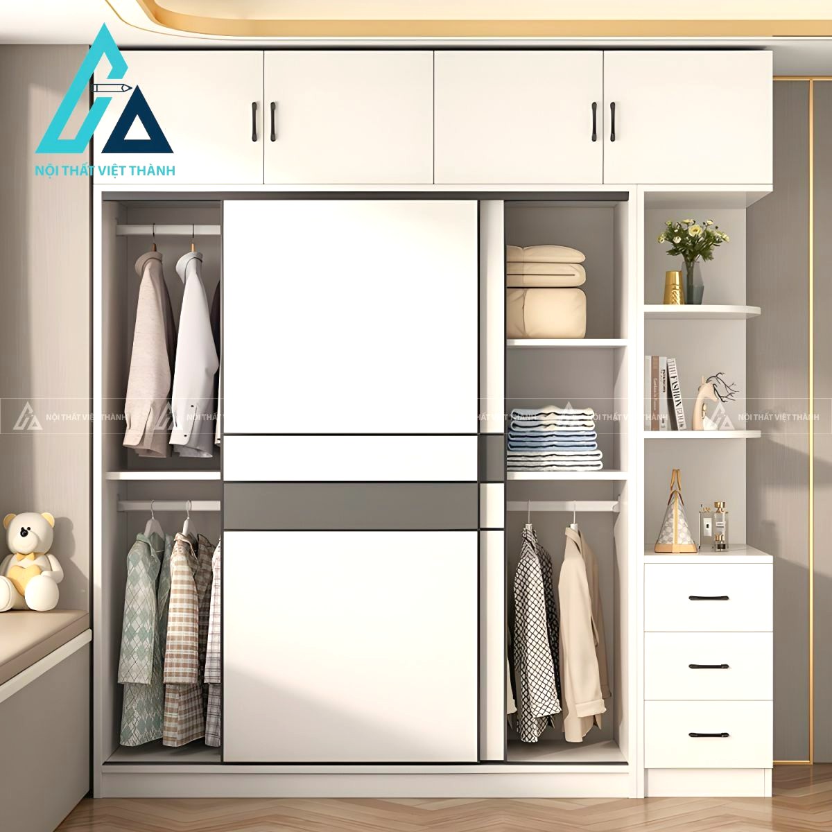 Tủ quần áo cửa lùa MDF màu trắng hiện đại tối ưu không gian phòng ngủ