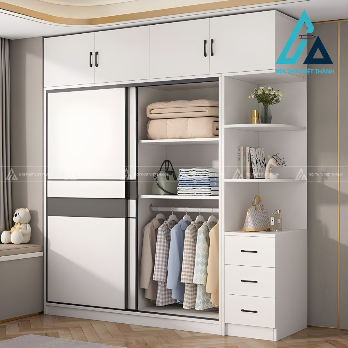 Tủ quần áo cửa lùa MDF màu trắng hiện đại tối ưu không gian phòng ngủ 2