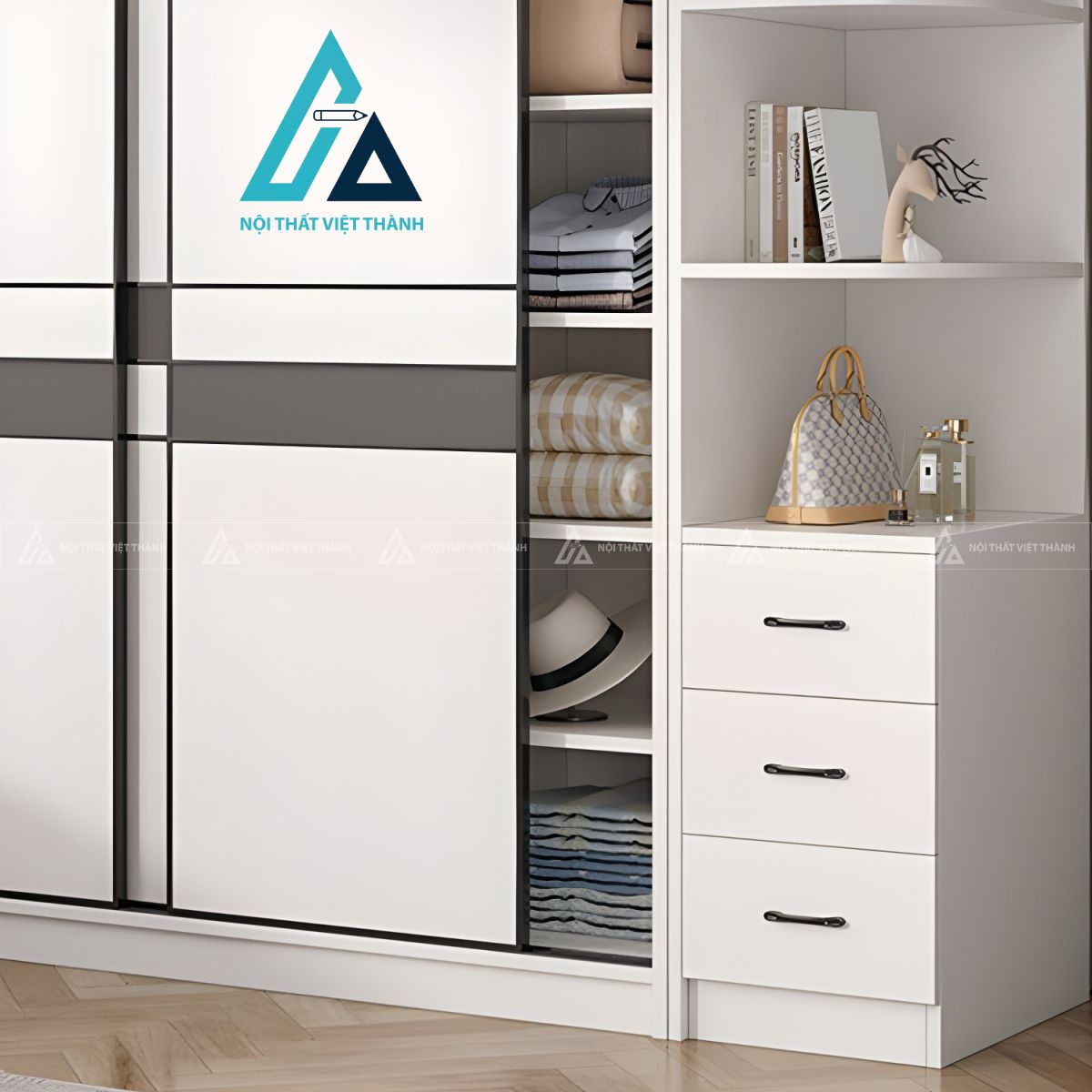 Tủ quần áo cửa lùa MDF màu trắng hiện đại tối ưu không gian phòng ngủ 3