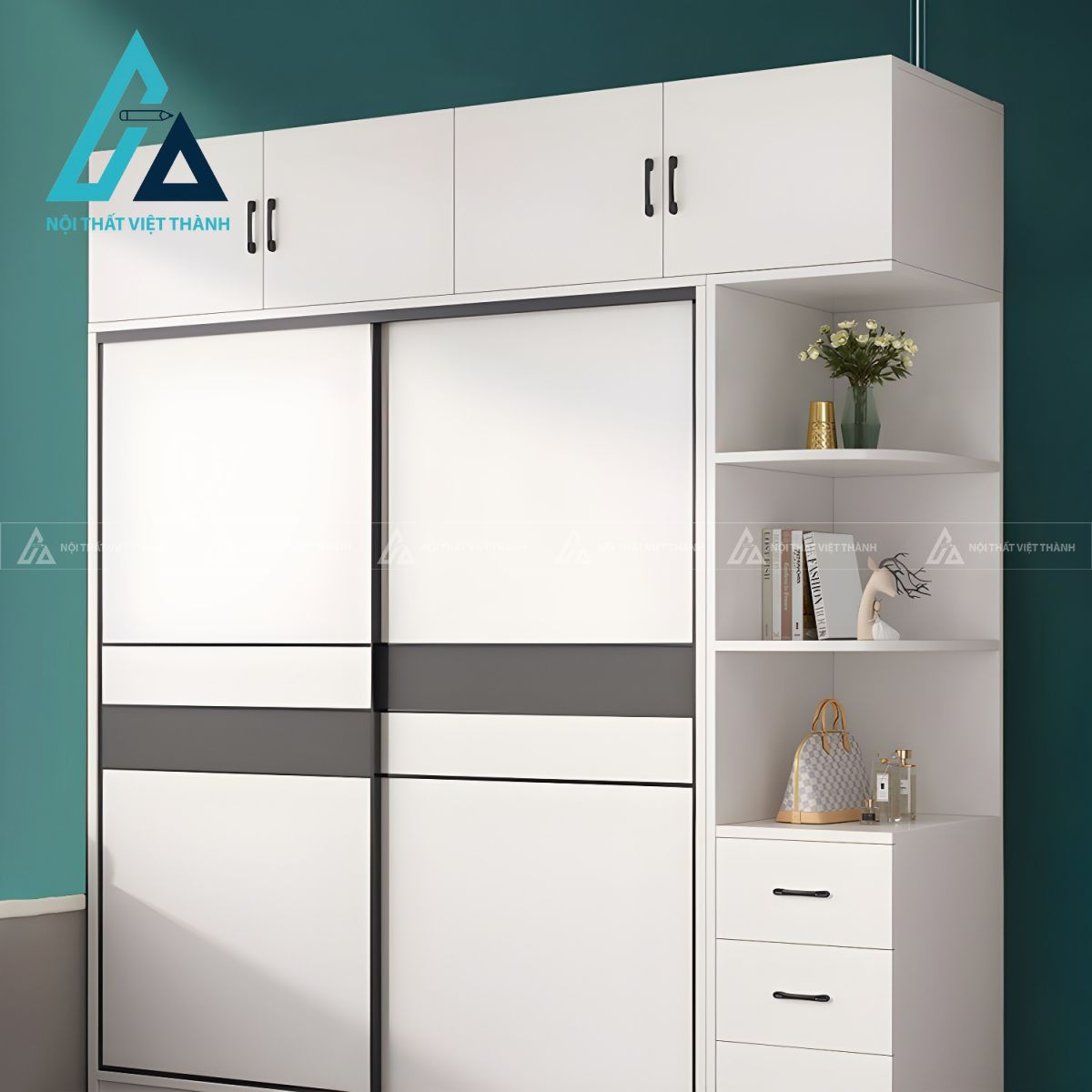 Tủ quần áo cửa lùa MDF màu trắng hiện đại tối ưu không gian phòng ngủ 4