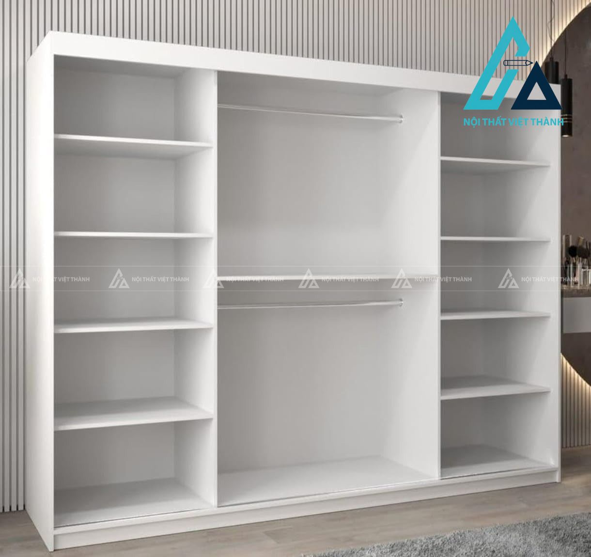 Tủ quần áo cửa lùa MDF trắng tích hợp gương soi tiện nghi hiện đại 2