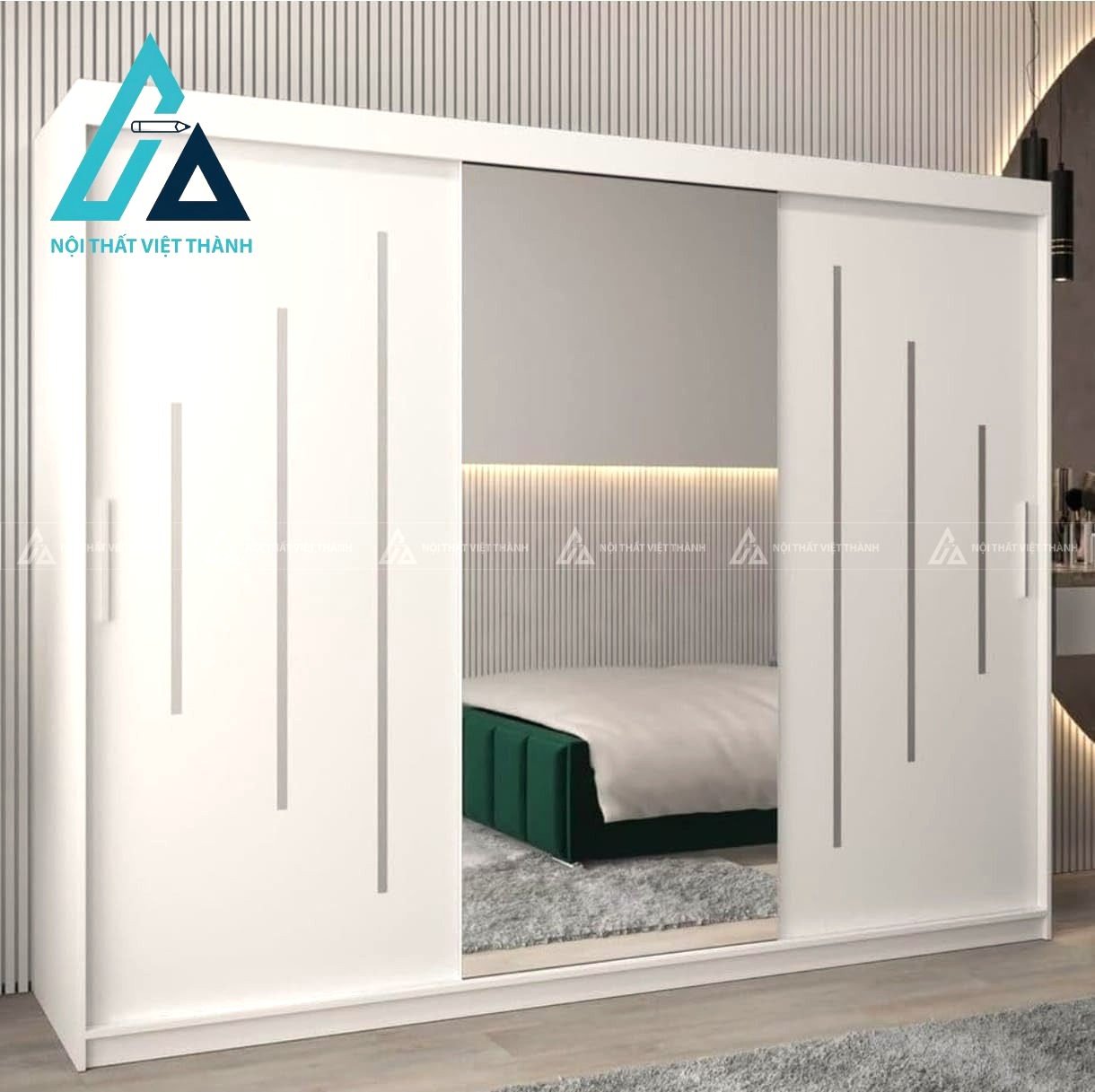 Tủ quần áo cửa lùa MDF trắng tích hợp gương soi tiện nghi hiện đại