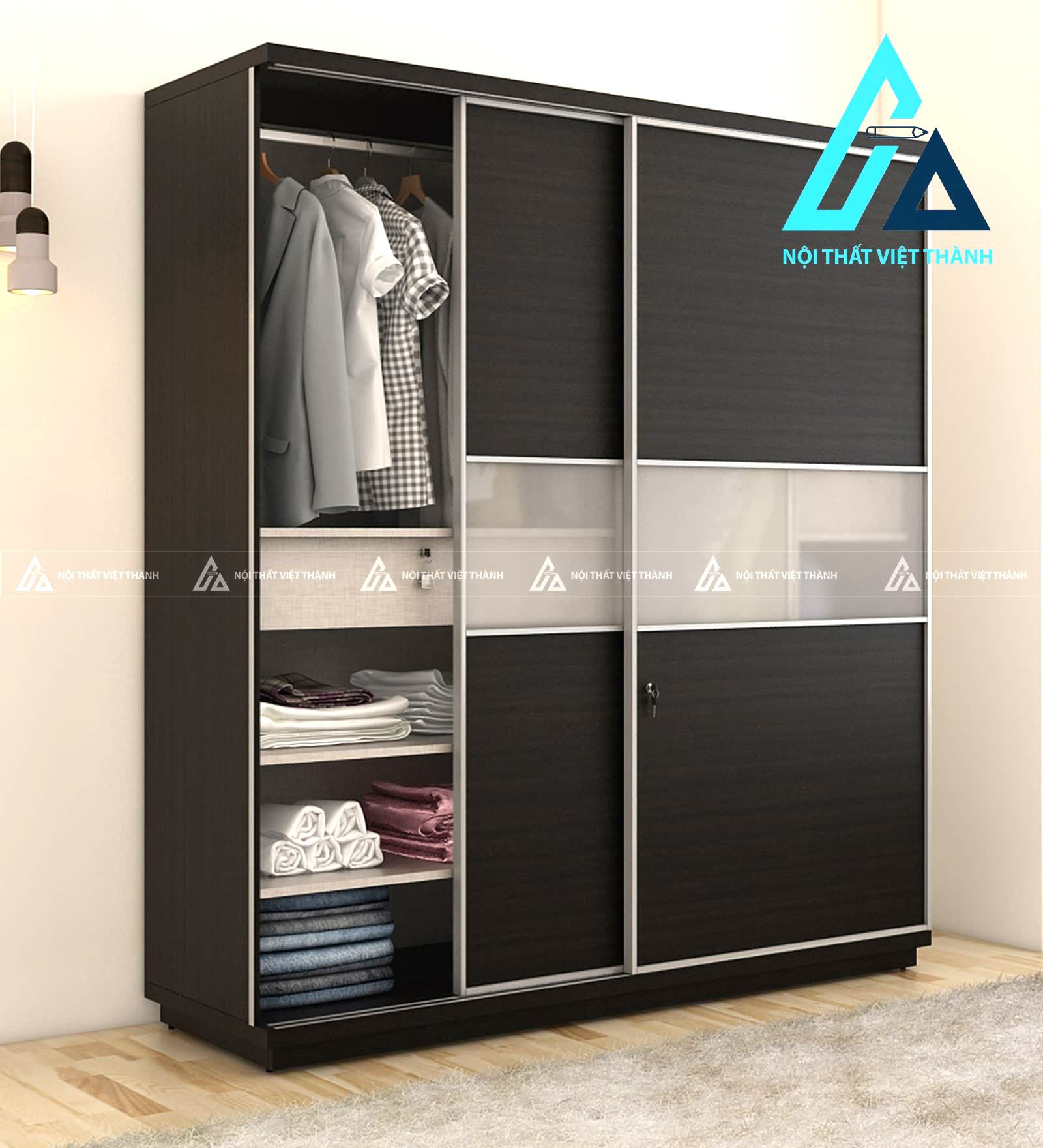 Tủ quần áo cửa lùa MDF vân gỗ hiện đại tích hợp ngăn kéo tiện lợi