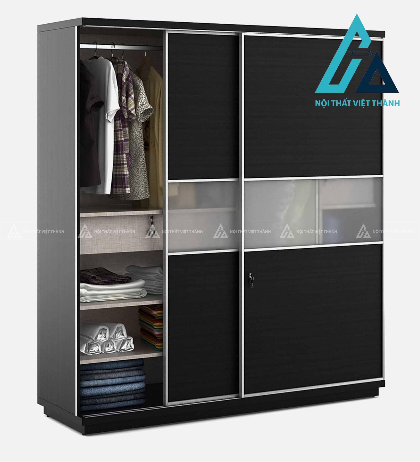 Tủ quần áo cửa lùa MDF vân gỗ hiện đại tích hợp ngăn kéo tiện lợi 3