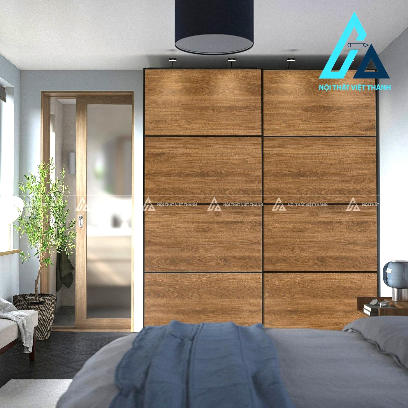 Tủ quần áo cửa lùa MDF vân gỗ óc chó hiện đại hai cánh sang trọng