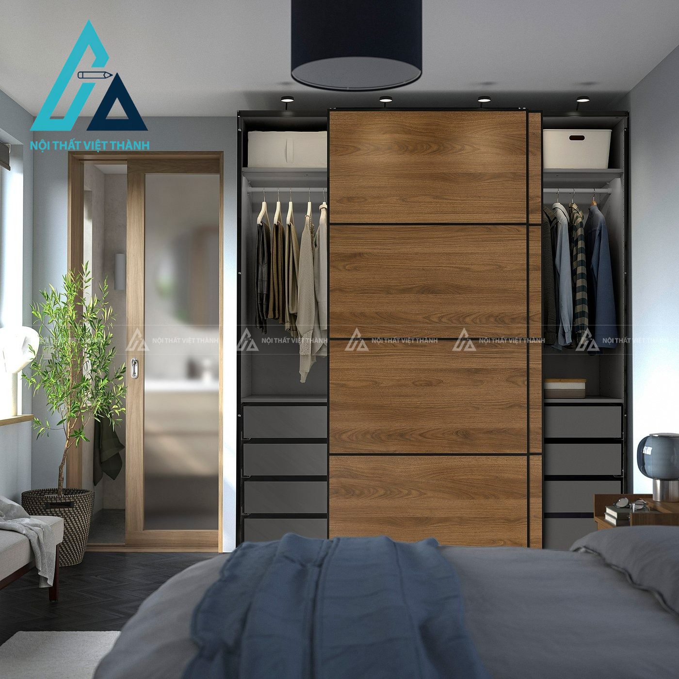 Tủ quần áo cửa lùa MDF vân gỗ óc chó hiện đại hai cánh sang trọng 1