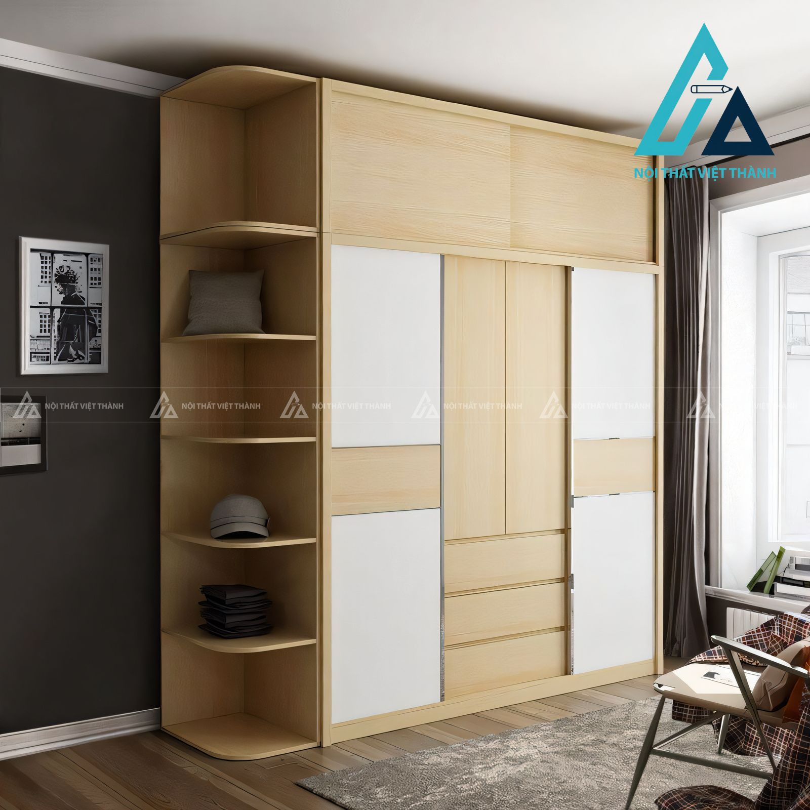 Tủ quần áo cửa lùa MDF vân gỗ phối trắng phong cách hiện đại