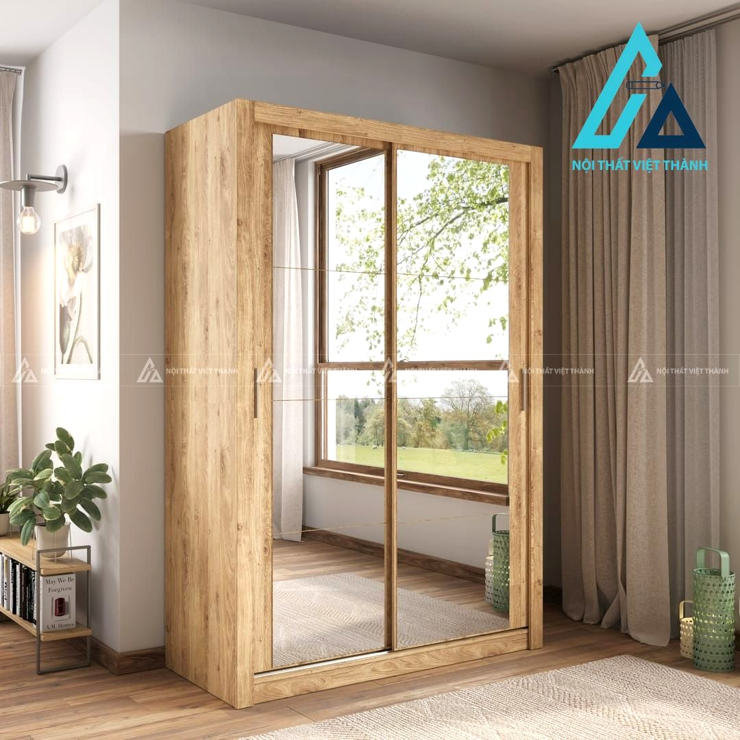 Tủ quần áo cửa lùa MDF vân gỗ sồi tích hợp gương tiện nghi hiện đại