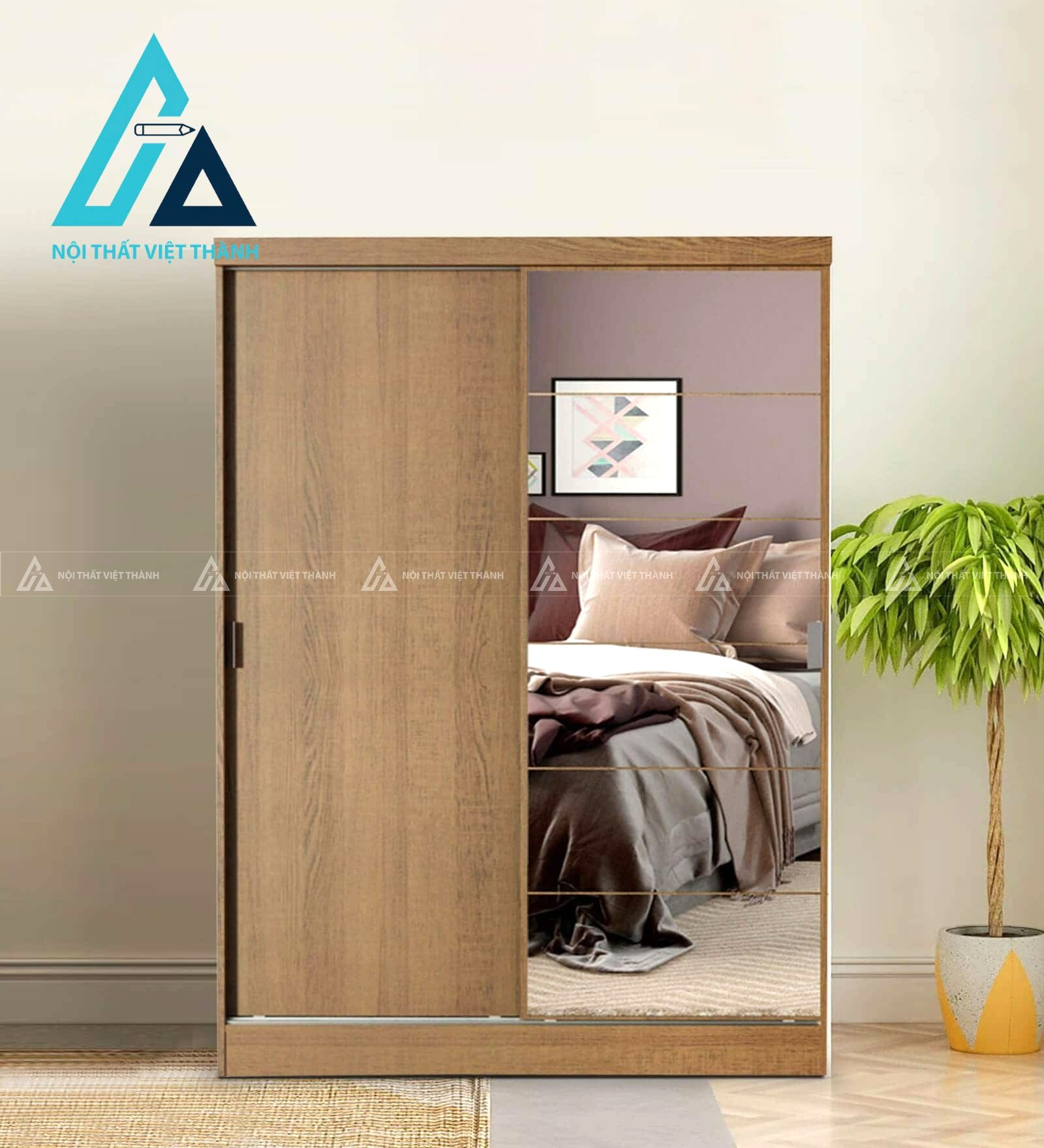 Tủ quần áo cửa lùa MDF vân gỗ tích hợp gương soi hiện đại tiện dụng