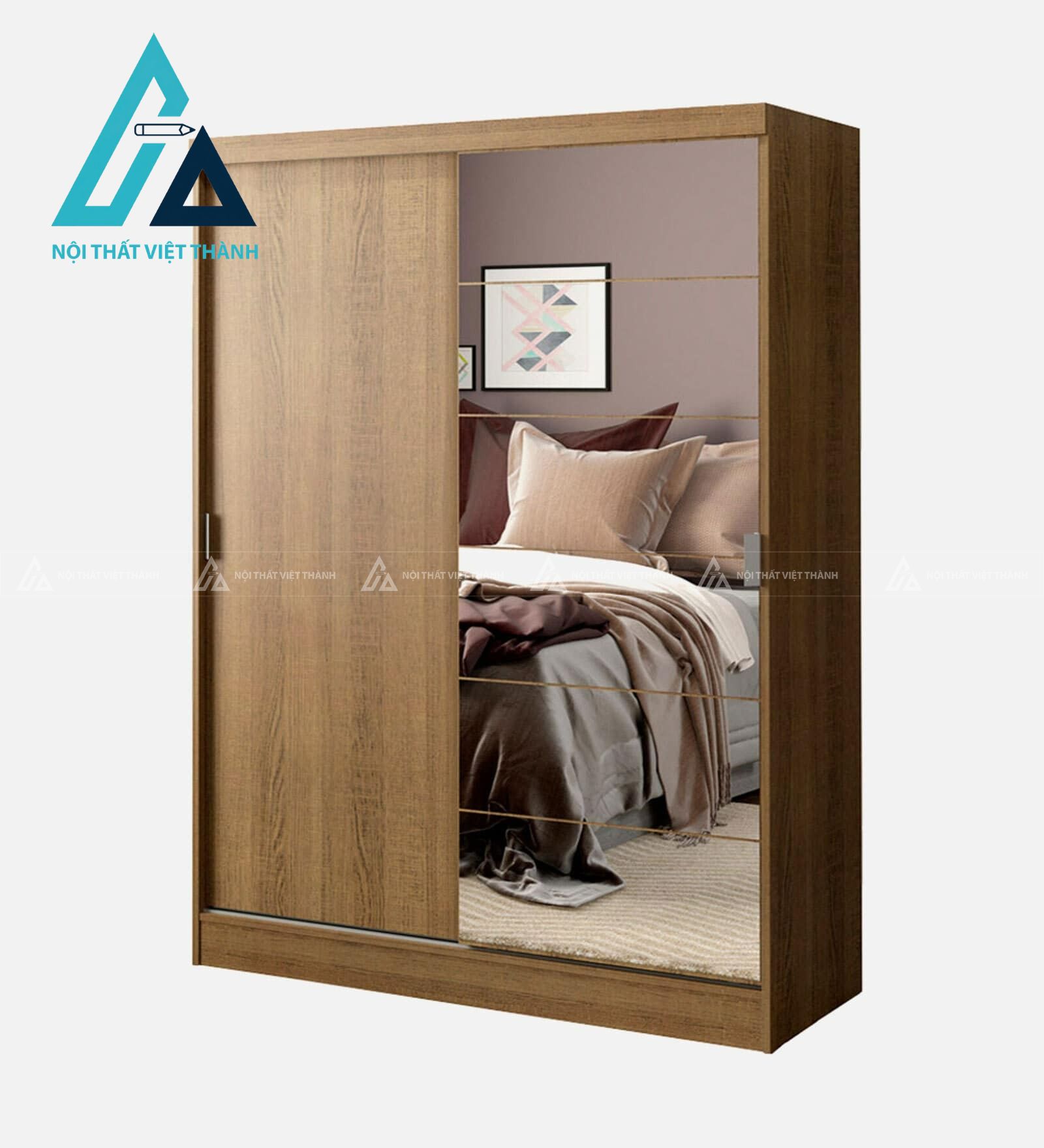 Tủ quần áo cửa lùa MDF vân gỗ tích hợp gương soi hiện đại tiện dụng 2