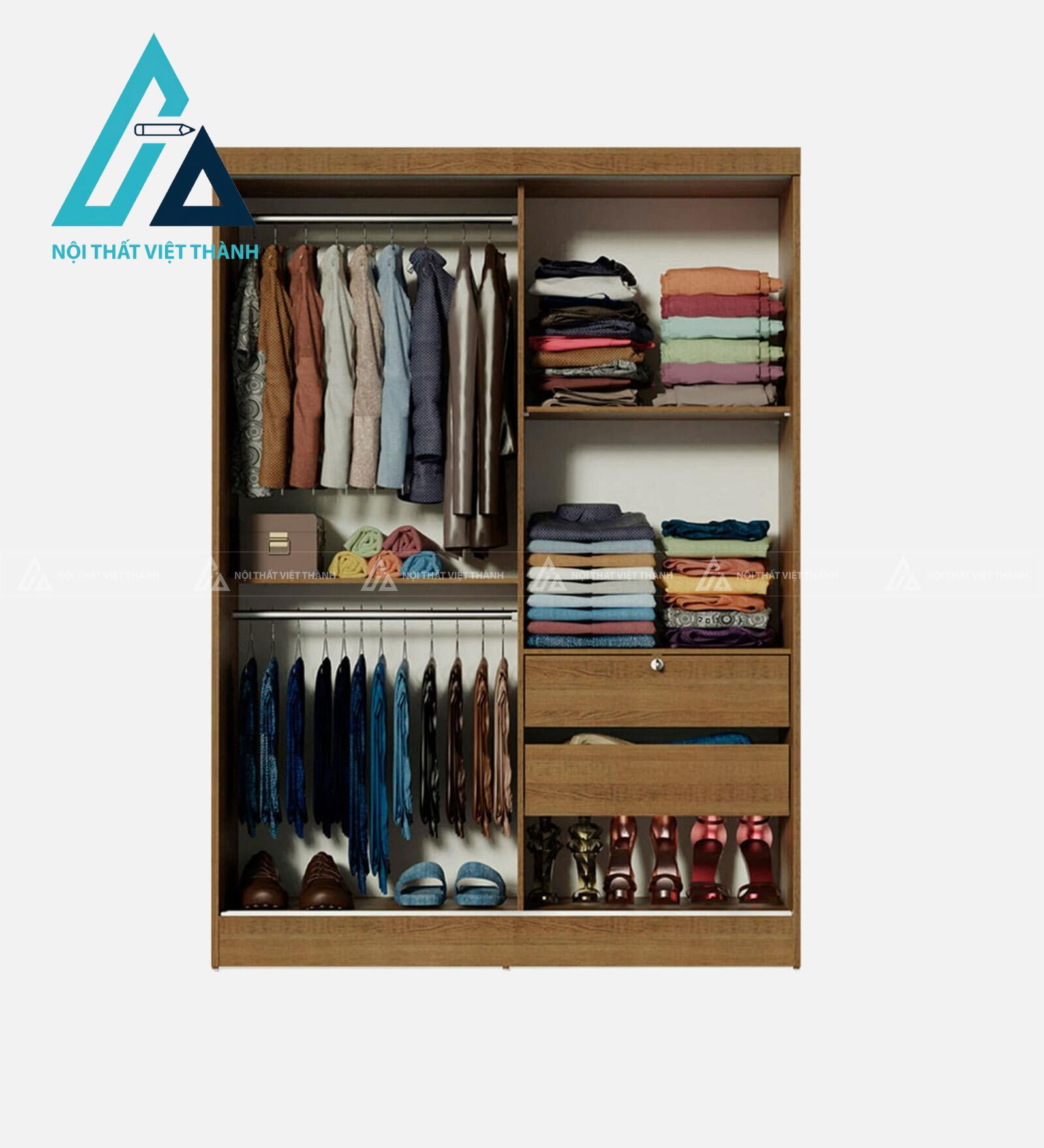 Tủ quần áo cửa lùa MDF vân gỗ tích hợp gương soi hiện đại tiện dụng 3