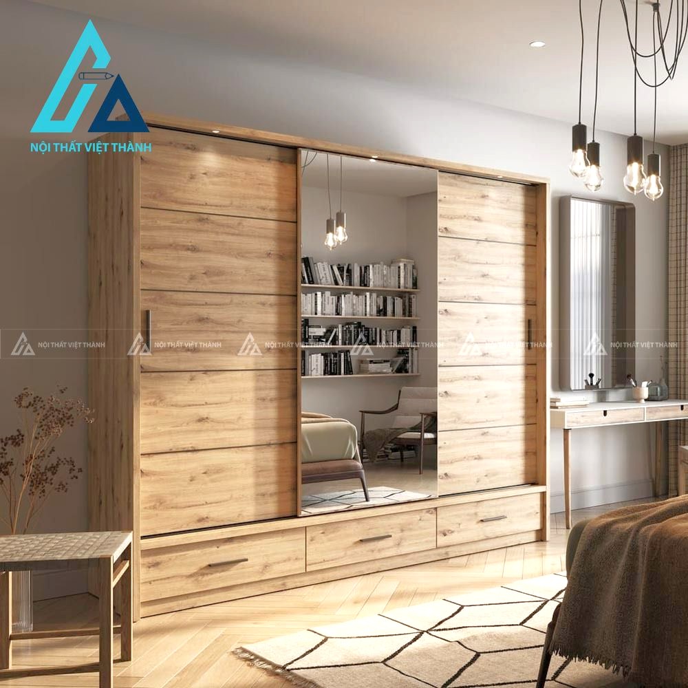 Tủ quần áo cửa lùa MDF vân sồi có gương cao cấp cho phòng ngủ hiện đại