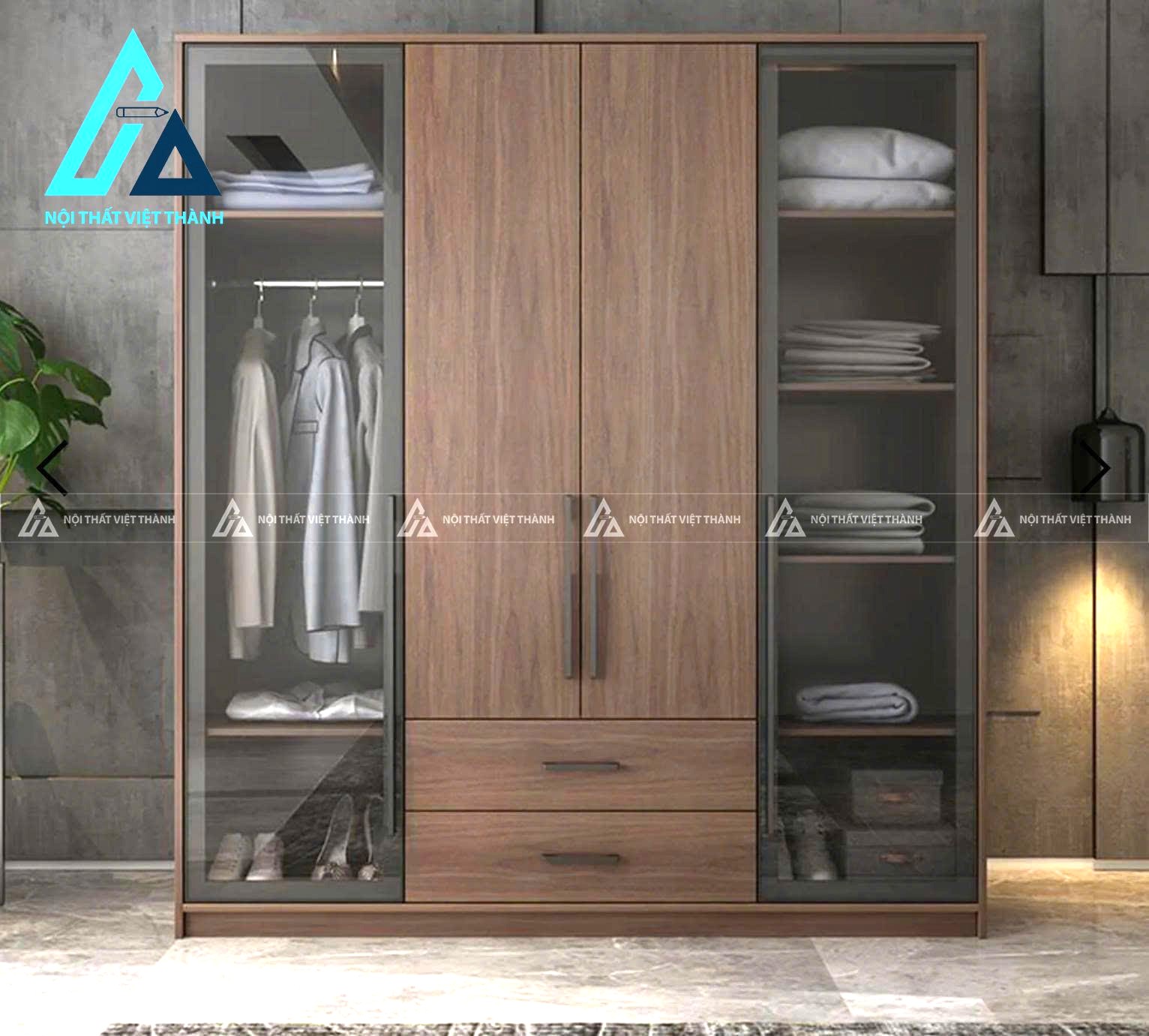 Tủ quần áo gỗ MDF cánh kính phối vân gỗ hiện đại 4 cánh sang trọng