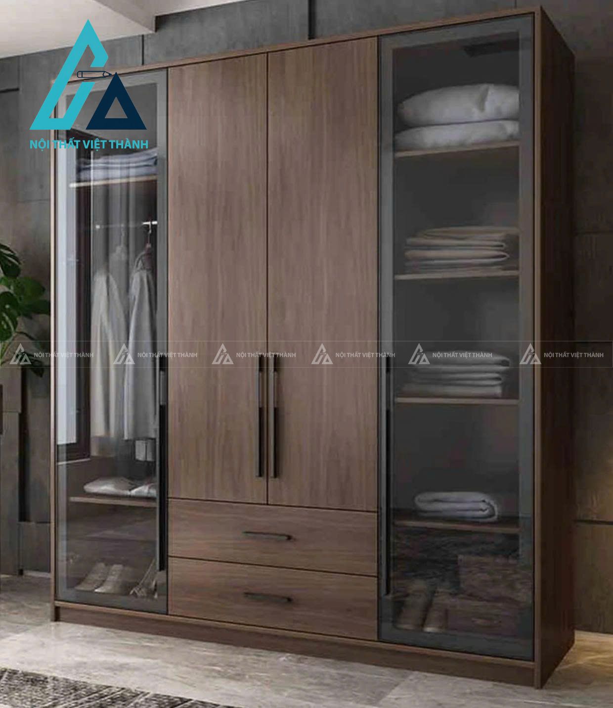 Tủ quần áo gỗ MDF cánh kính phối vân gỗ hiện đại 4 cánh sang trọng 1