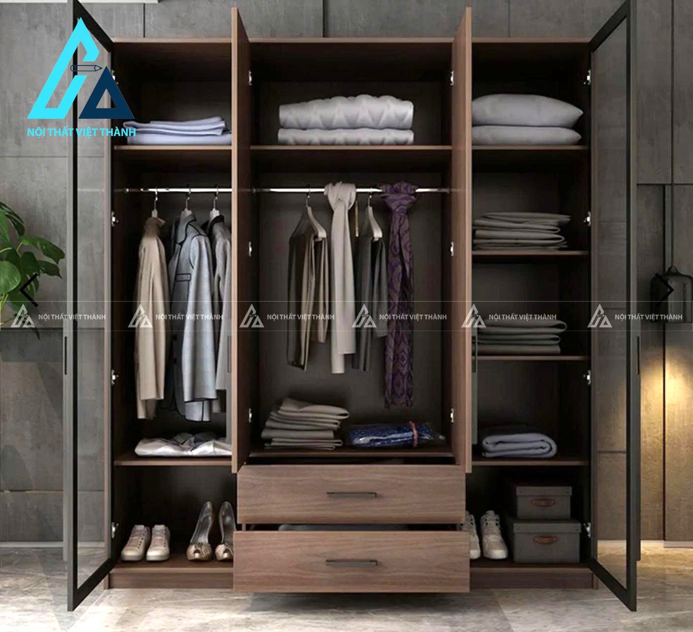 Tủ quần áo gỗ MDF cánh kính phối vân gỗ hiện đại 4 cánh sang trọng 2