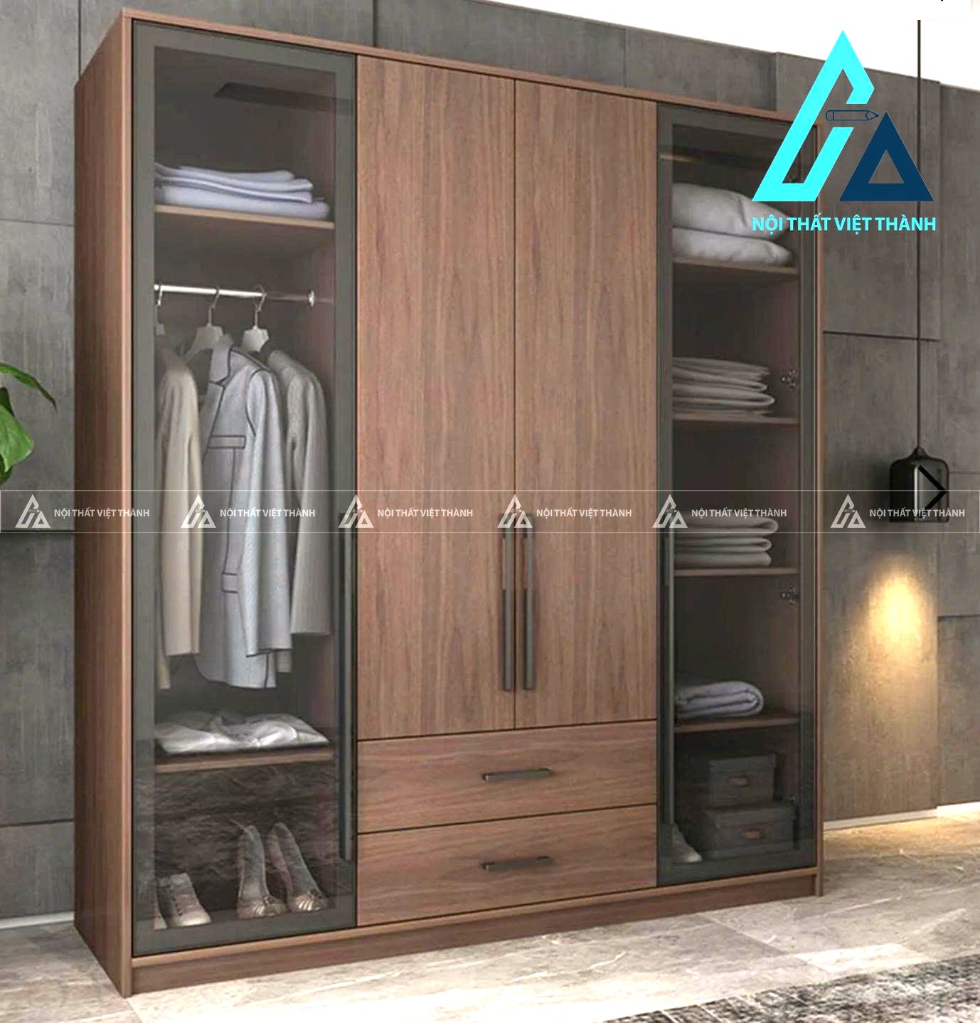 Tủ quần áo gỗ MDF cánh kính phối vân gỗ hiện đại 4 cánh sang trọng 3