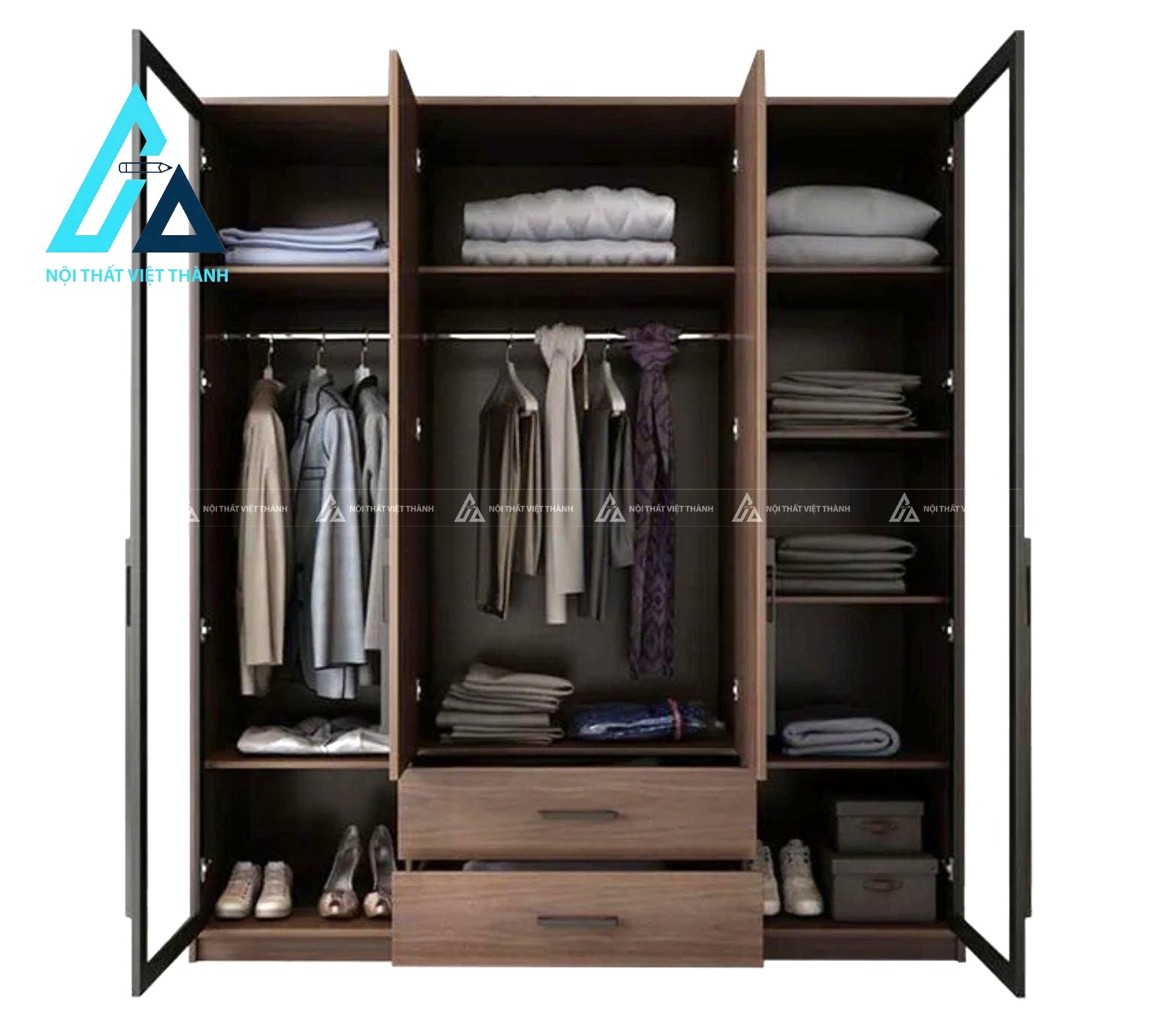 Tủ quần áo gỗ MDF cánh kính phối vân gỗ hiện đại 4 cánh sang trọng 4