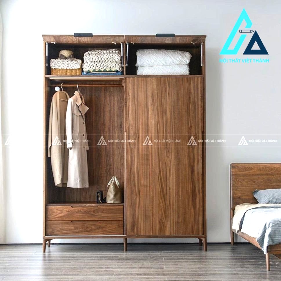 Tủ quần áo gỗ óc chó cánh lùa hiện đại sang trọng tối ưu diện tích