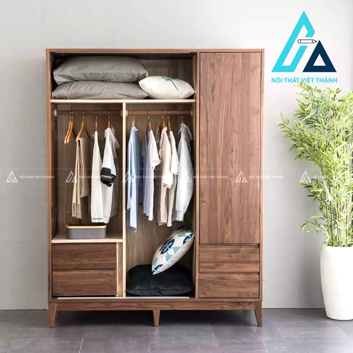 Tủ quần áo gỗ óc chó cửa lùa cao cấp thiết kế hiện đại tối ưu không gian