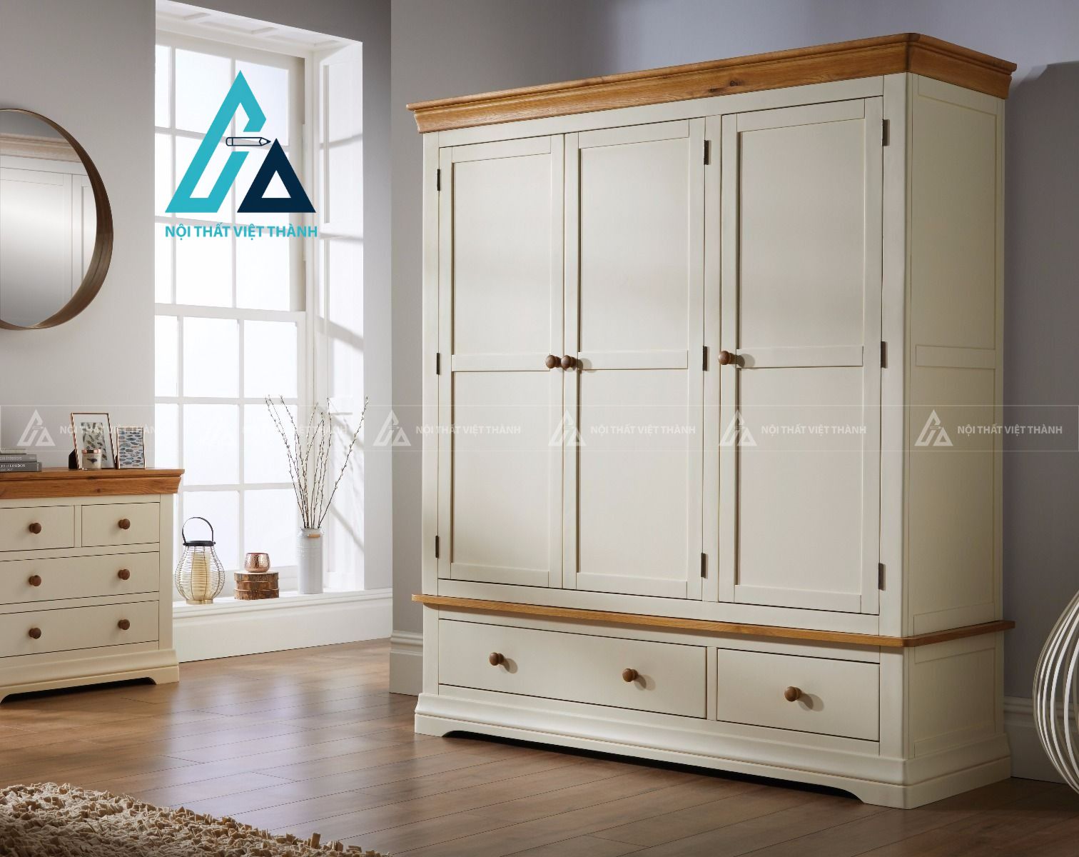 Tủ quần áo gỗ sồi 3 cánh sơn kem cao cấp phong cách cổ điển thanh lịch 2