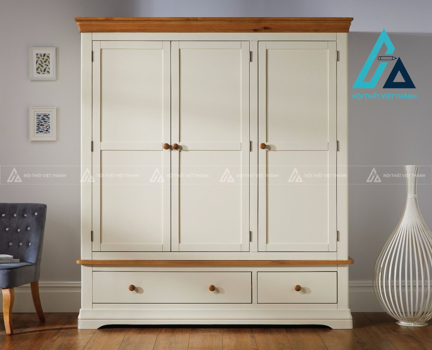 Tủ quần áo gỗ sồi 3 cánh sơn kem cao cấp phong cách cổ điển thanh lịch 5