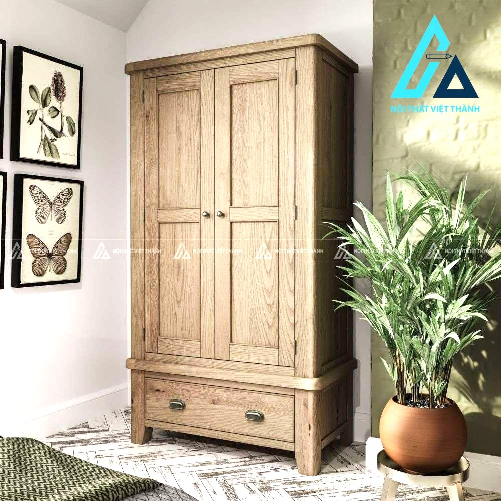 Tủ quần áo gỗ sồi tự nhiên 2 cánh màu nâu trầm sang trọng bền đẹp