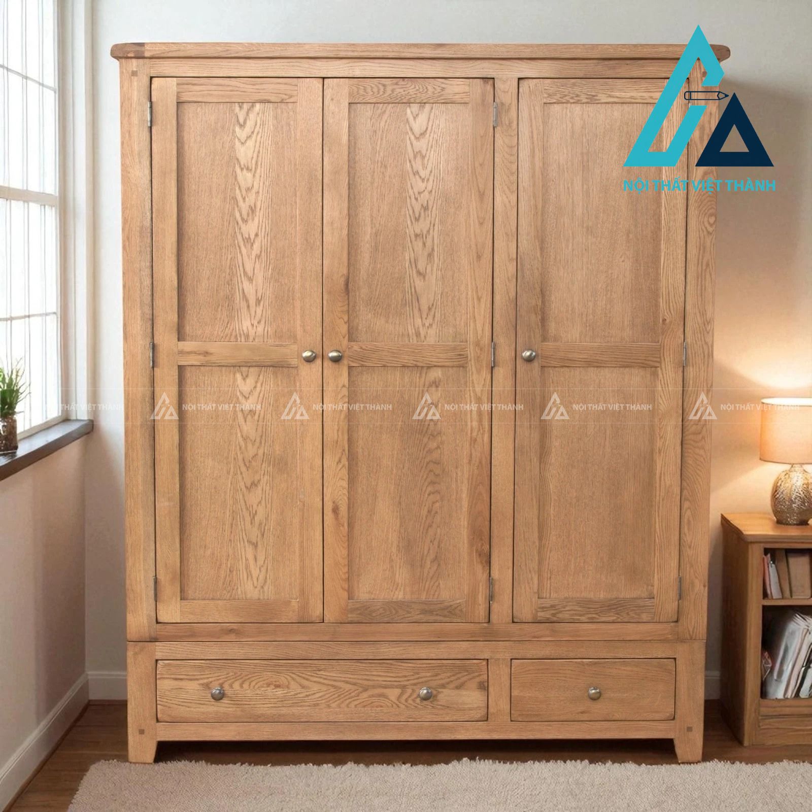 Tủ quần áo gỗ sồi tự nhiên 3 cánh 2 ngăn kéo bền đẹp tiện nghi