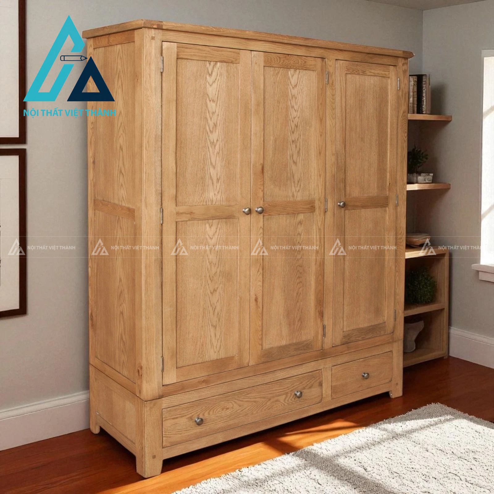 Tủ quần áo gỗ sồi tự nhiên 3 cánh 2 ngăn kéo bền đẹp tiện nghi 2