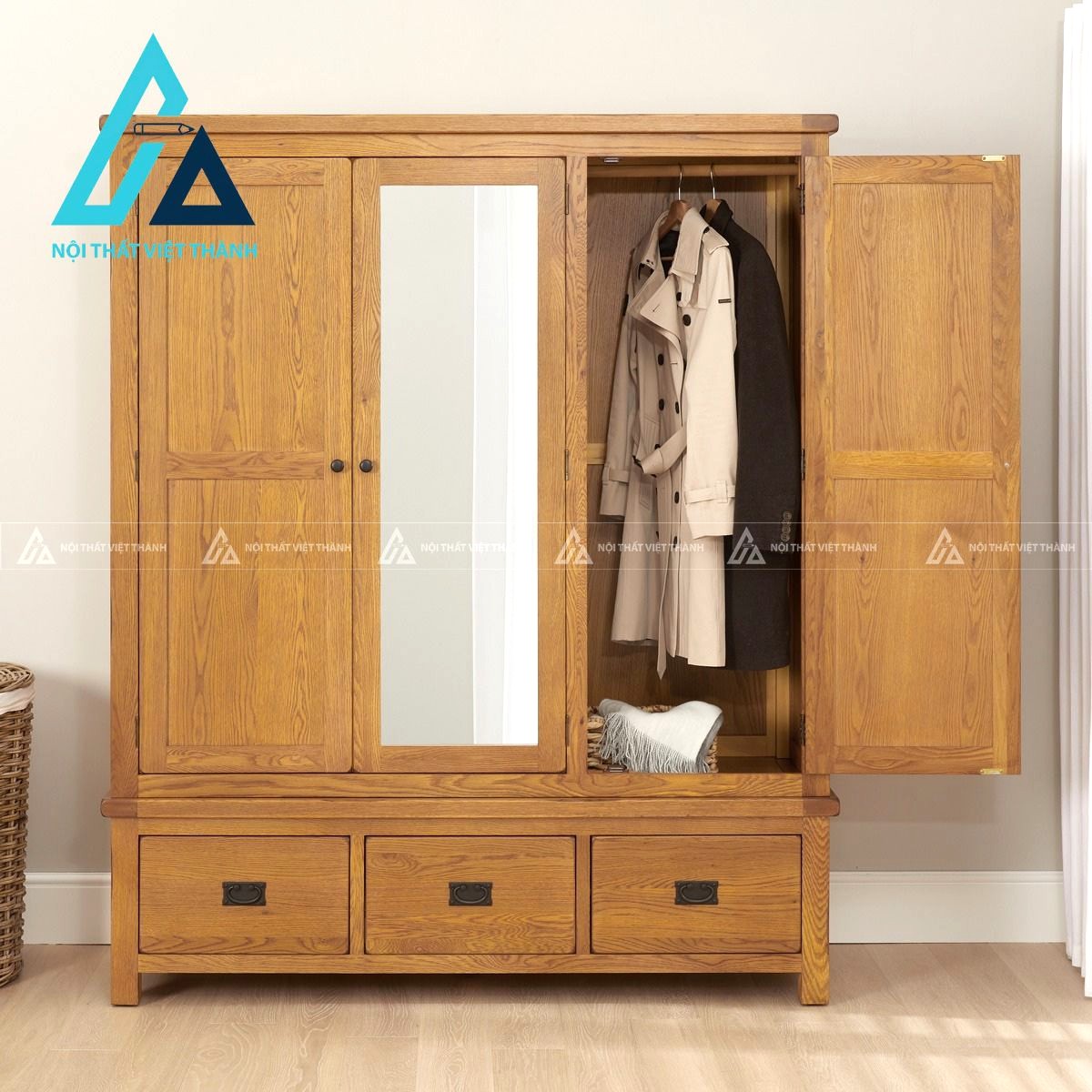 Tủ quần áo gỗ sồi tự nhiên 3 cánh có gương phong cách rustic cổ điển