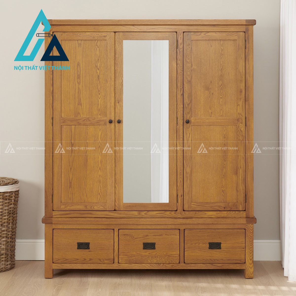 Tủ quần áo gỗ sồi tự nhiên 3 cánh có gương phong cách rustic cổ điển 1