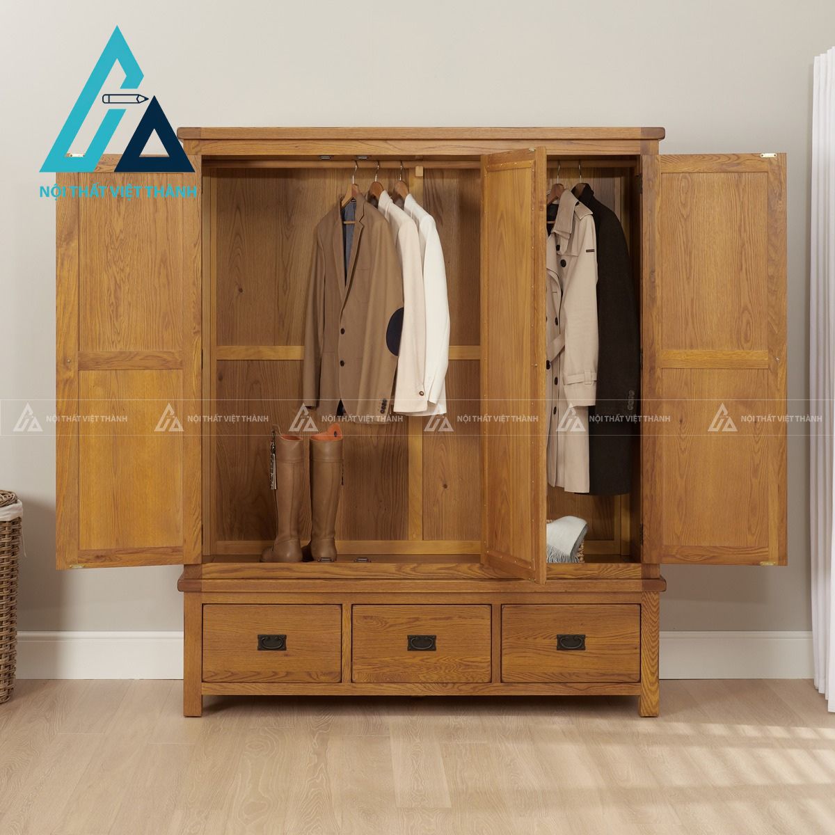 Tủ quần áo gỗ sồi tự nhiên 3 cánh có gương phong cách rustic cổ điển 3