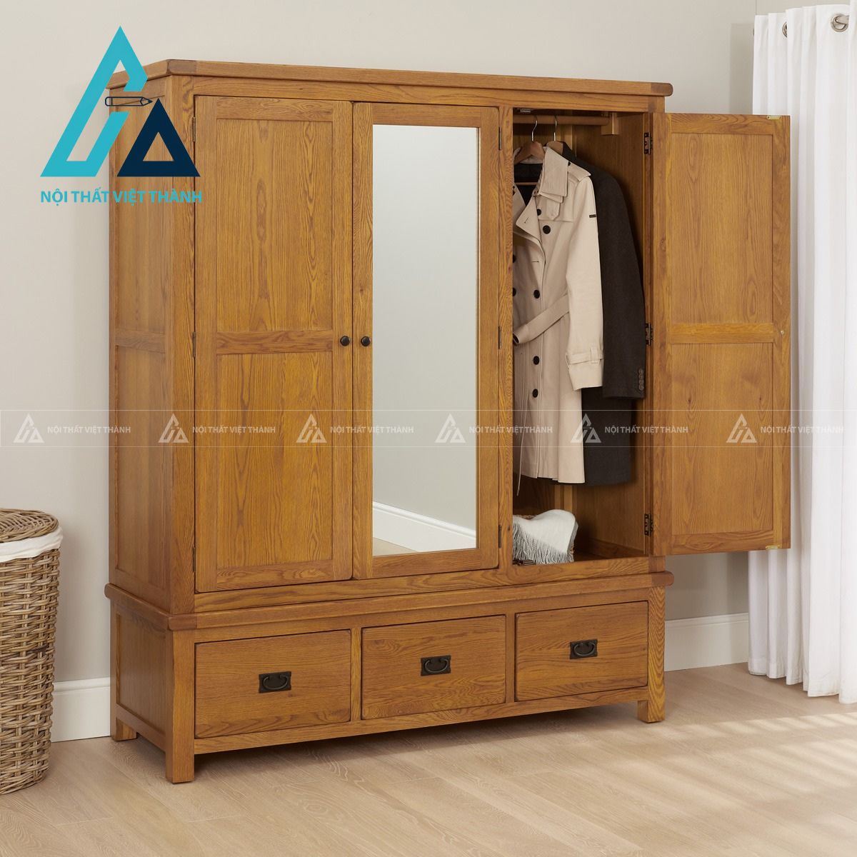 Tủ quần áo gỗ sồi tự nhiên 3 cánh có gương phong cách rustic cổ điển 4
