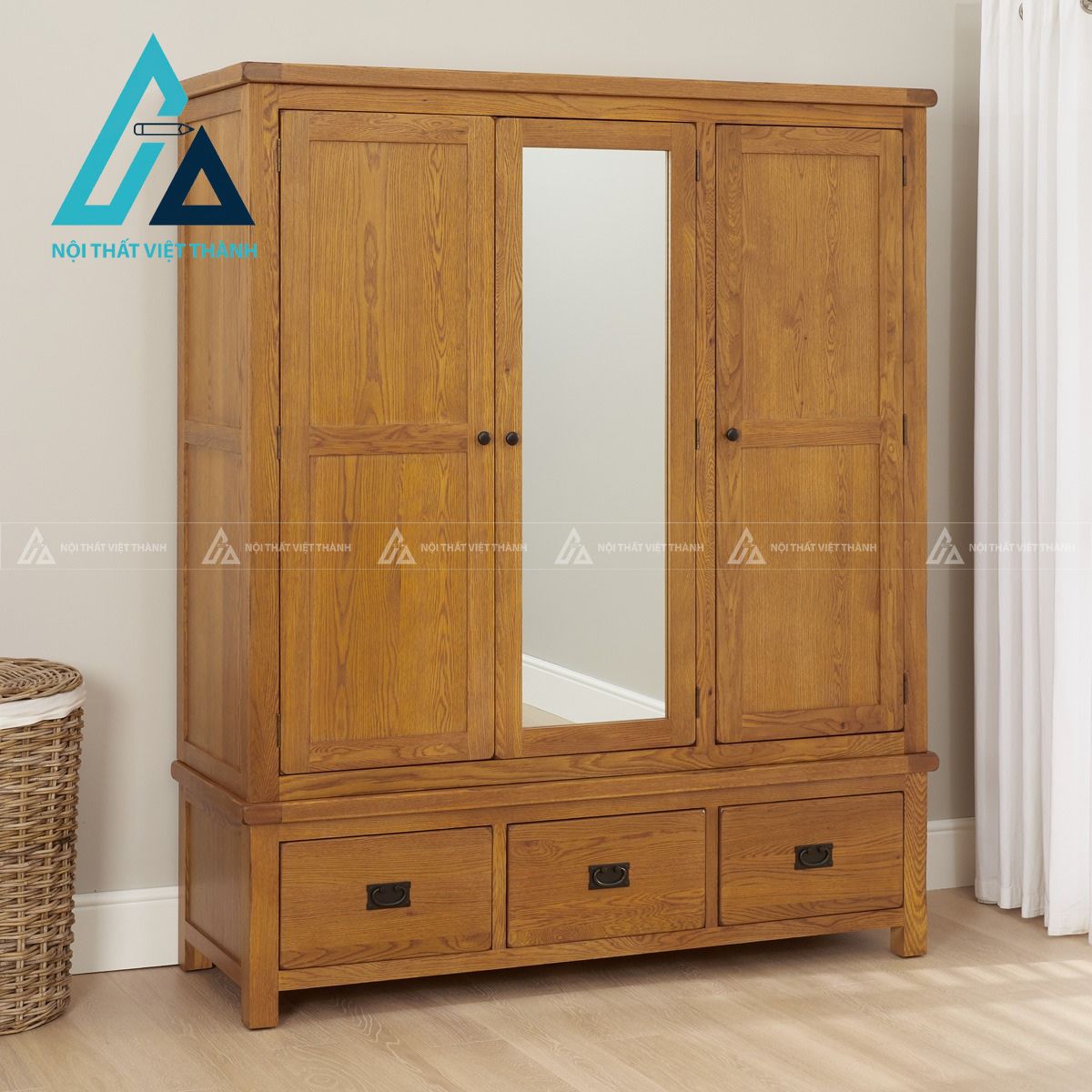 Tủ quần áo gỗ sồi tự nhiên 3 cánh có gương phong cách rustic cổ điển 5