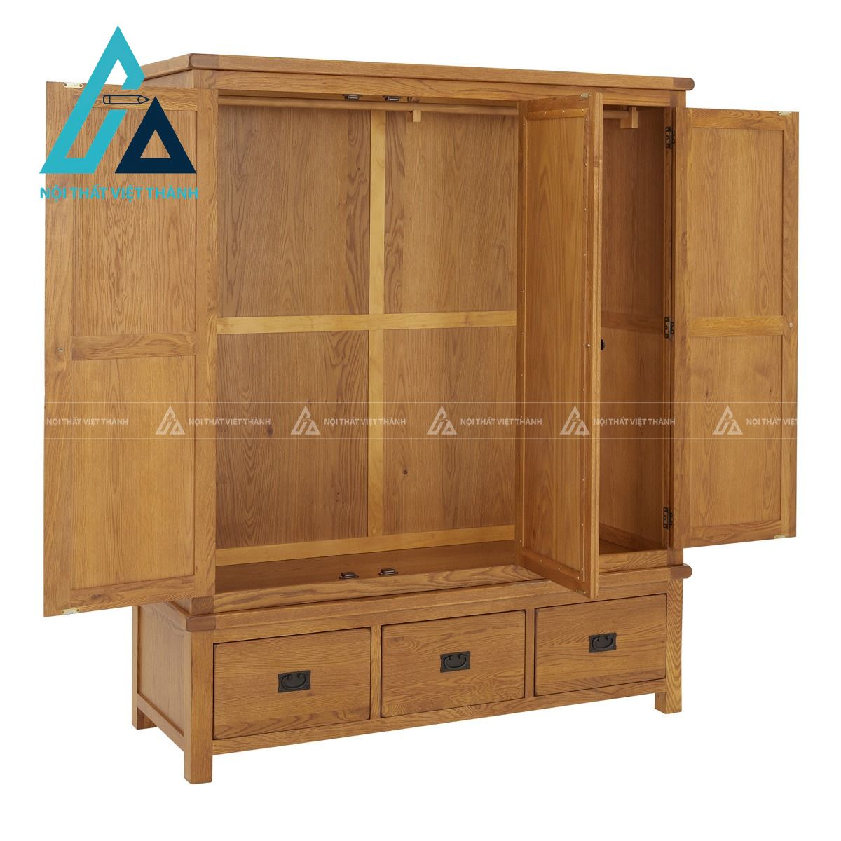 Tủ quần áo gỗ sồi tự nhiên 3 cánh có gương phong cách rustic cổ điển 6