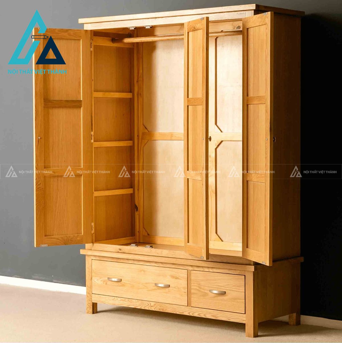 Tủ quần áo gỗ sồi tự nhiên 3 cánh kèm ngăn kéo cao cấp hiện đại 1