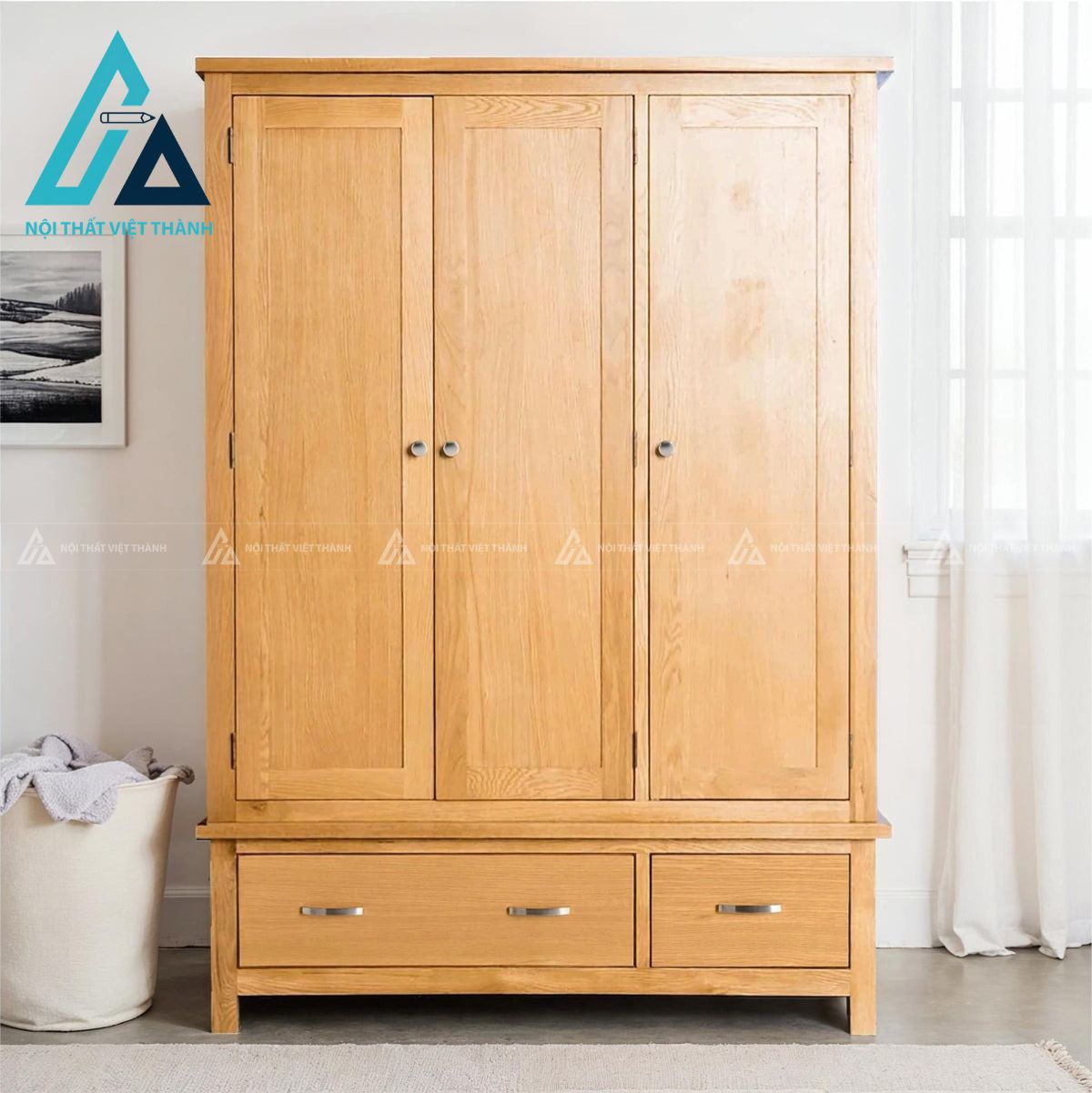 Tủ quần áo gỗ sồi tự nhiên 3 cánh kèm ngăn kéo cao cấp hiện đại